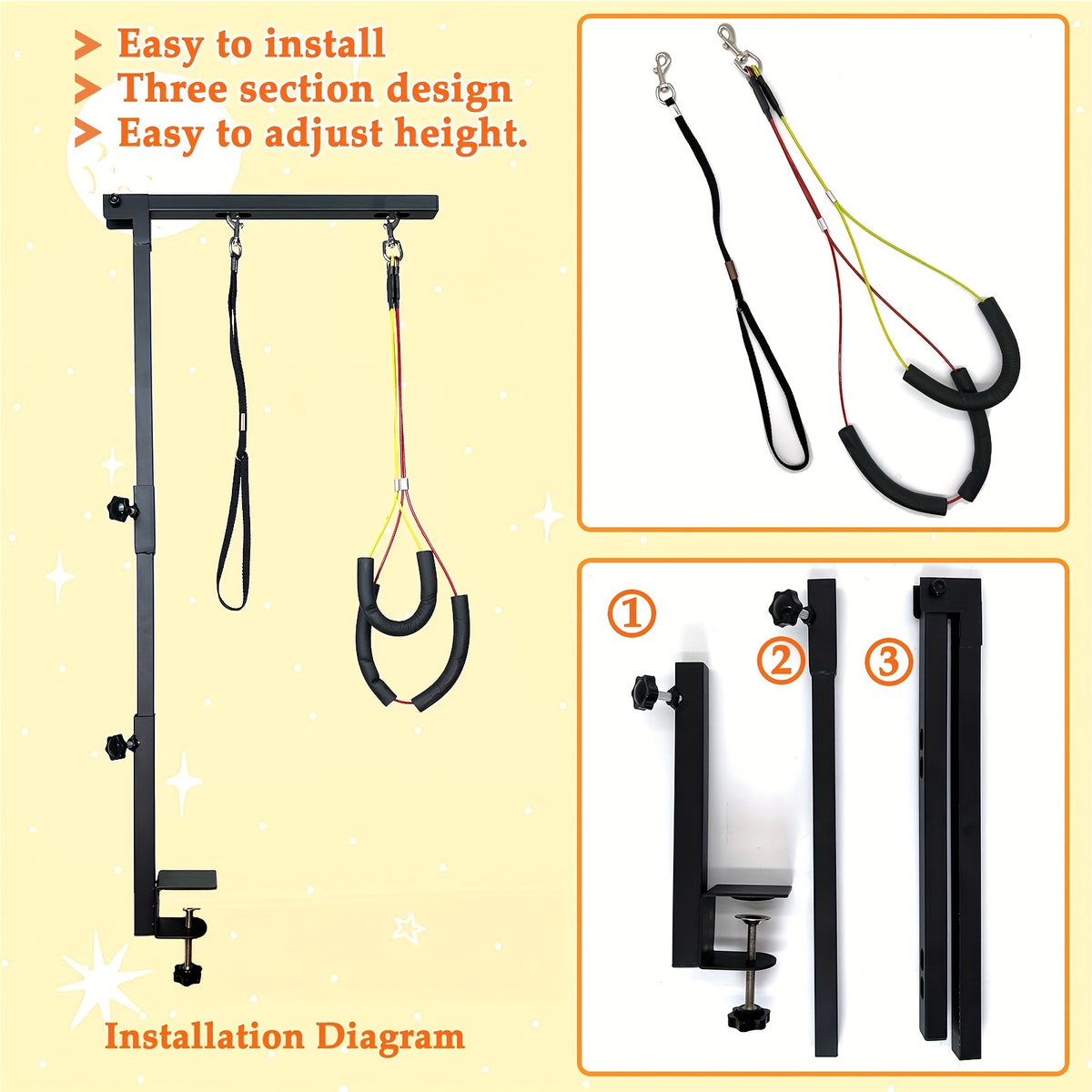 36" Adjustable Dog Grooming Arm with Clamp – No-Sit Haunch Holder, 3-Section Iron Grooming Restraint for Small & Medium Dogs and Cats, Includes Positioning Ropes