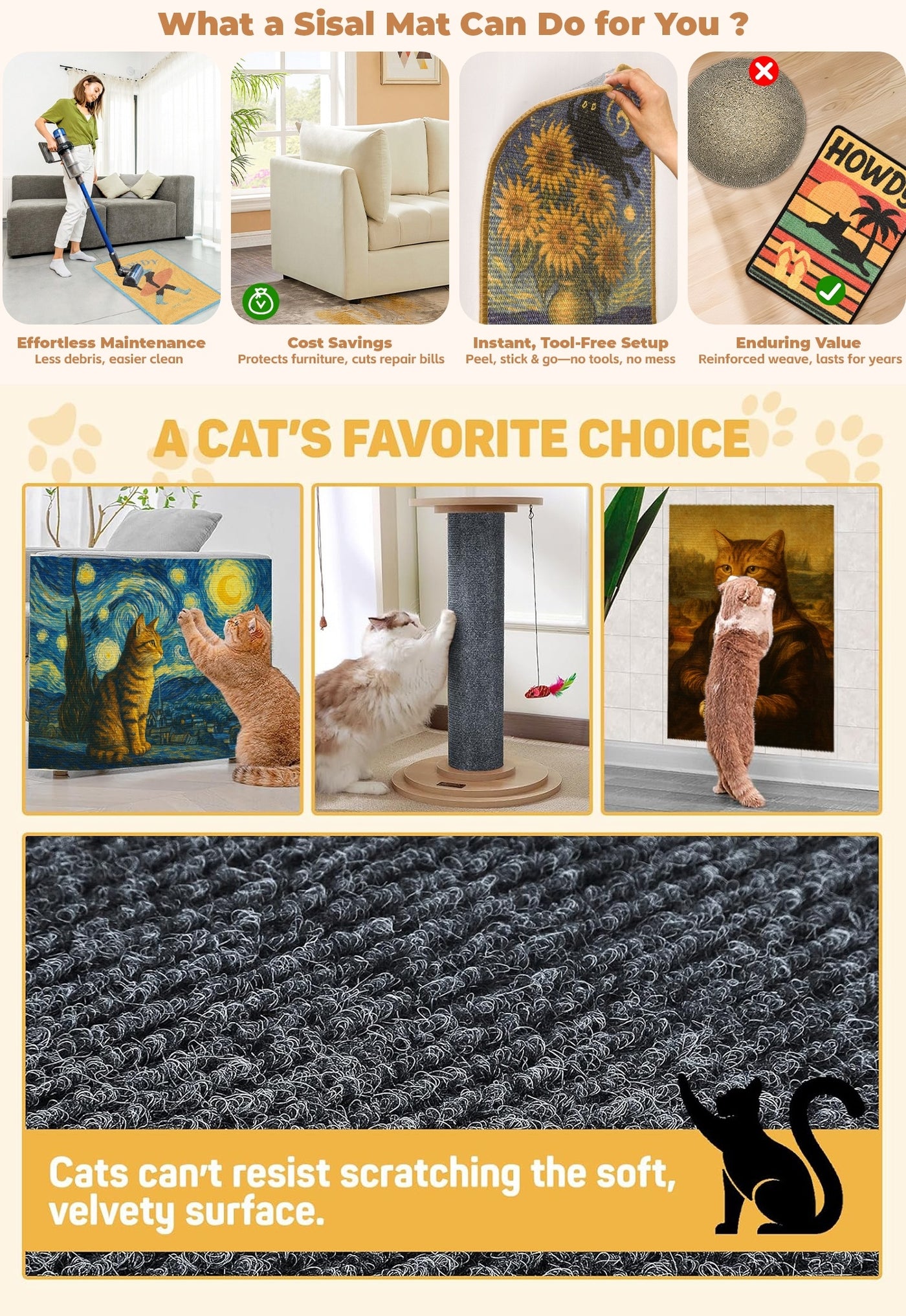 Self-Adhesive Cat Scratcher Wall Pad – Famous Artwork Designs, 15.7x23.6 Inch Sofa & Wall Protector, No-Drill Mount for Indoor Cats