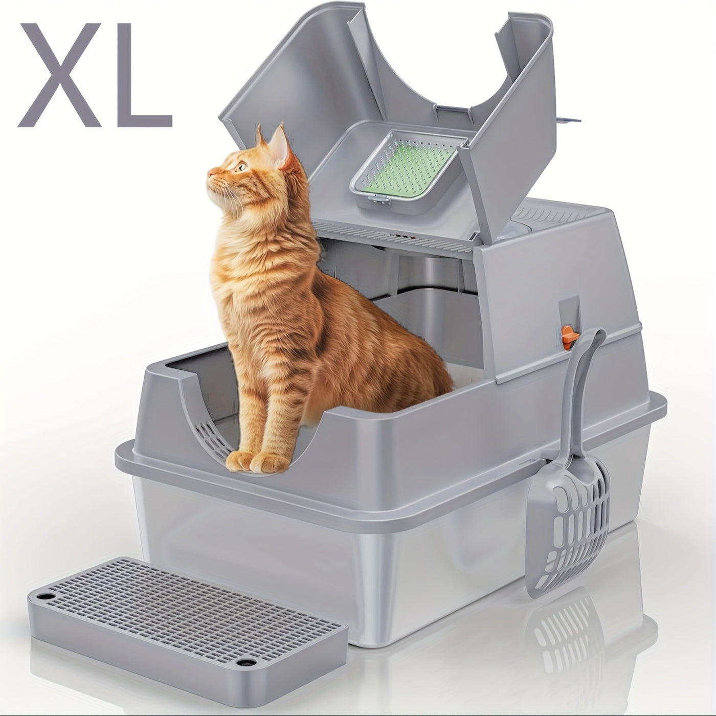 XL Stainless Steel Enclosed Cat Litter Box – 3-in-1 Flip Top Design, High Side Walls Prevent Litter Scatter, Ideal for Large Cats and Multi-Cat Households