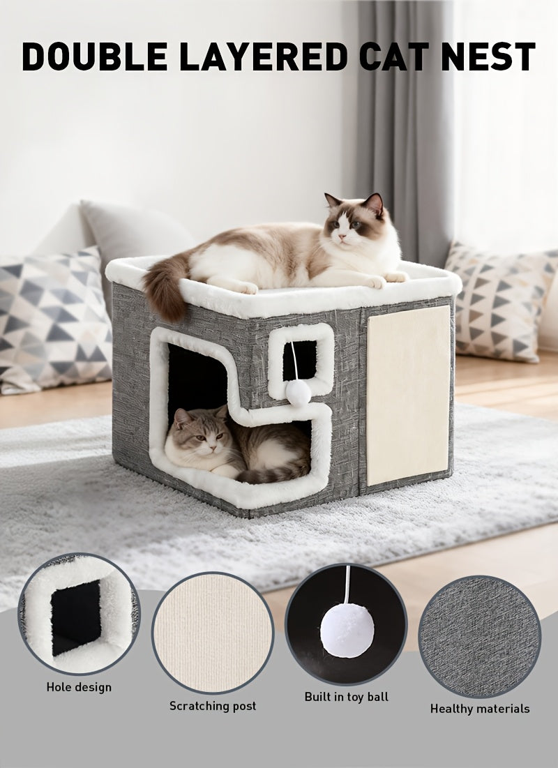 Indoor Cat House Condo 3-in-1 – Cat Bed Sleep Play & Scratch Box, Luxury Wooden Cube Ottoman Cat Cave Hideaway for Large Cats, Multi-Cat Friendly, Light Gray (Regular & Large)
