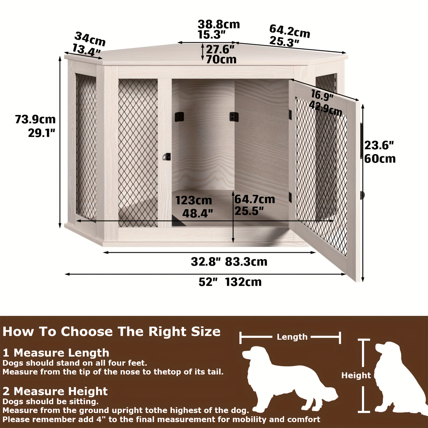 Wooden Dog Crate Furniture End Table with Mesh Door – Indoor Pet Kennel Side Table for Small Medium Dogs, 2 Sizes Brown Grey White