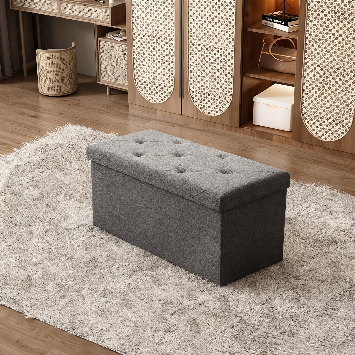 Storage Ottoman Bench Foldable with Padded Seat – End of Bed Bench & Storage Chest for Bedroom & Living Room, 2 Sizes, Grey