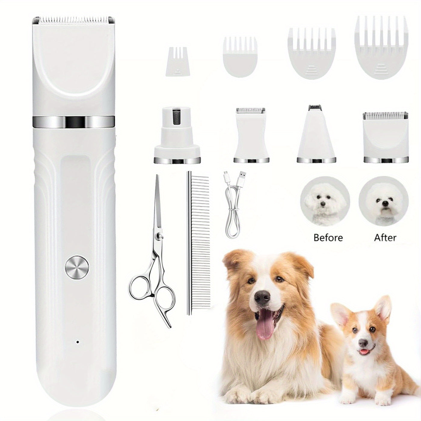 6-in-1 Pet Grooming Kit USB Rechargeable Cordless Clippers – 4 Interchangeable Blade Heads, Nail Clipper, Steel Comb & Scissors for Dogs Cats & Small Animals, White & Blue