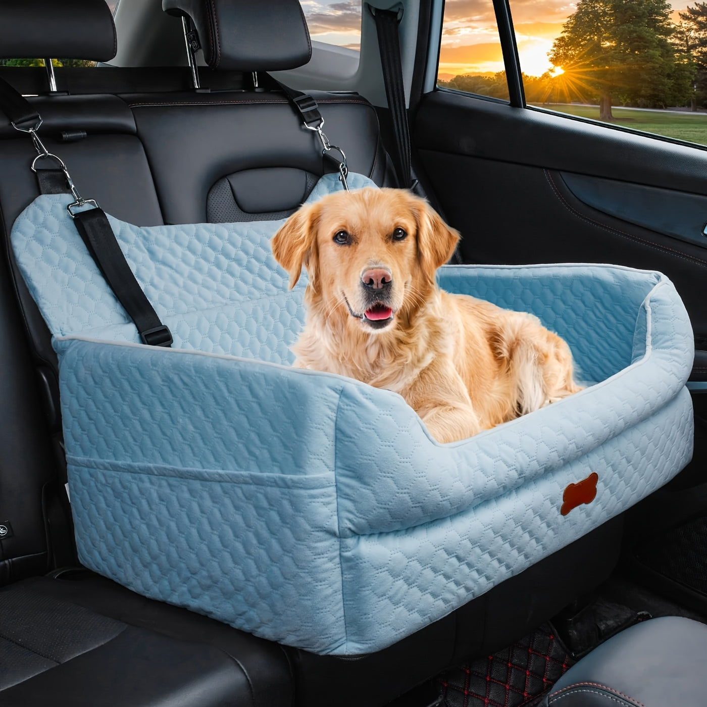 Dog Car Booster Seat for Medium Large Dogs – Washable Pet Car Seat with Thick Cushion, Safety Leash & Removable Cover for Back Seat Travel