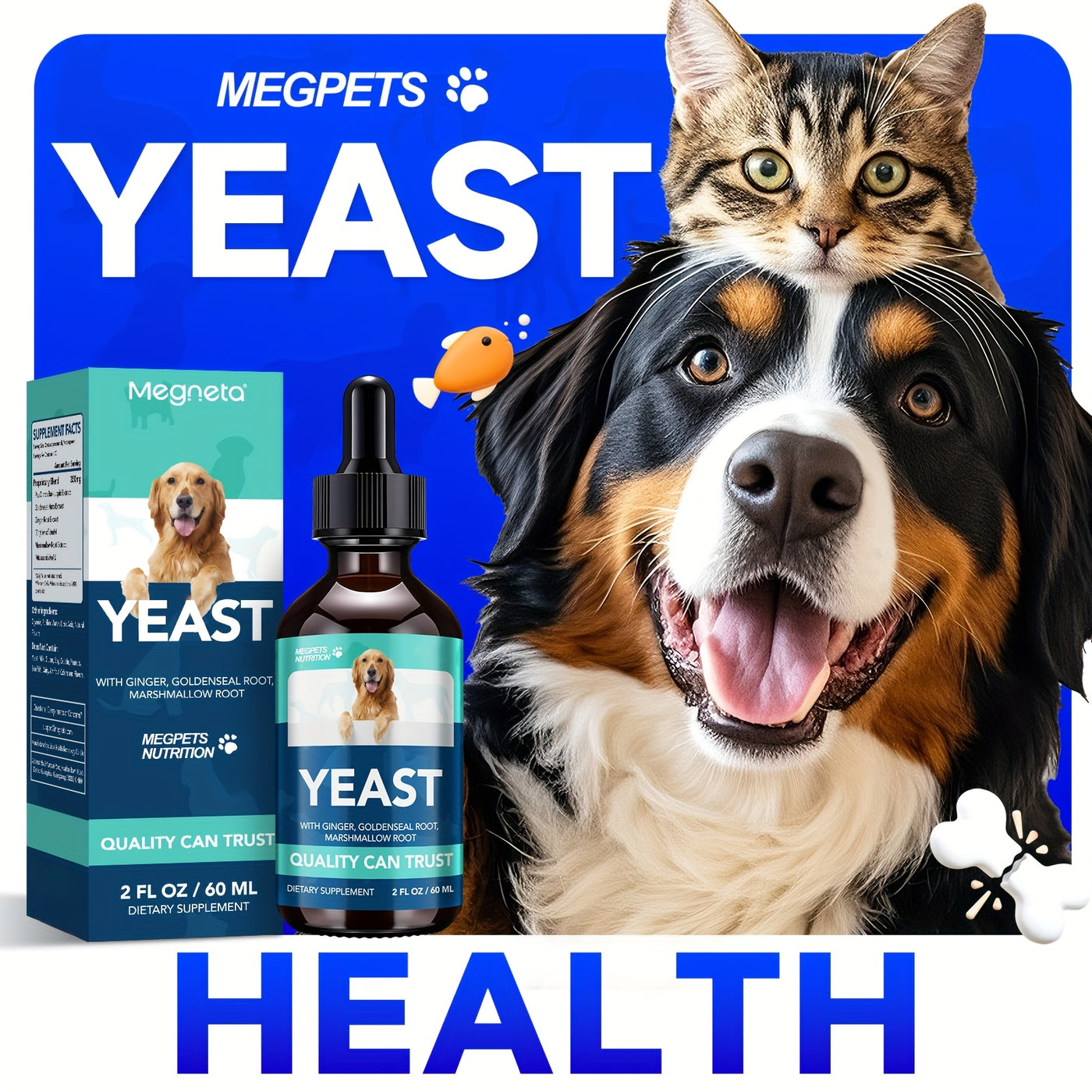 Yeast Health Drops for Dogs and Cats 60ml – Skin and Ear Support Liquid Supplement Easy Absorb All Breeds Ages