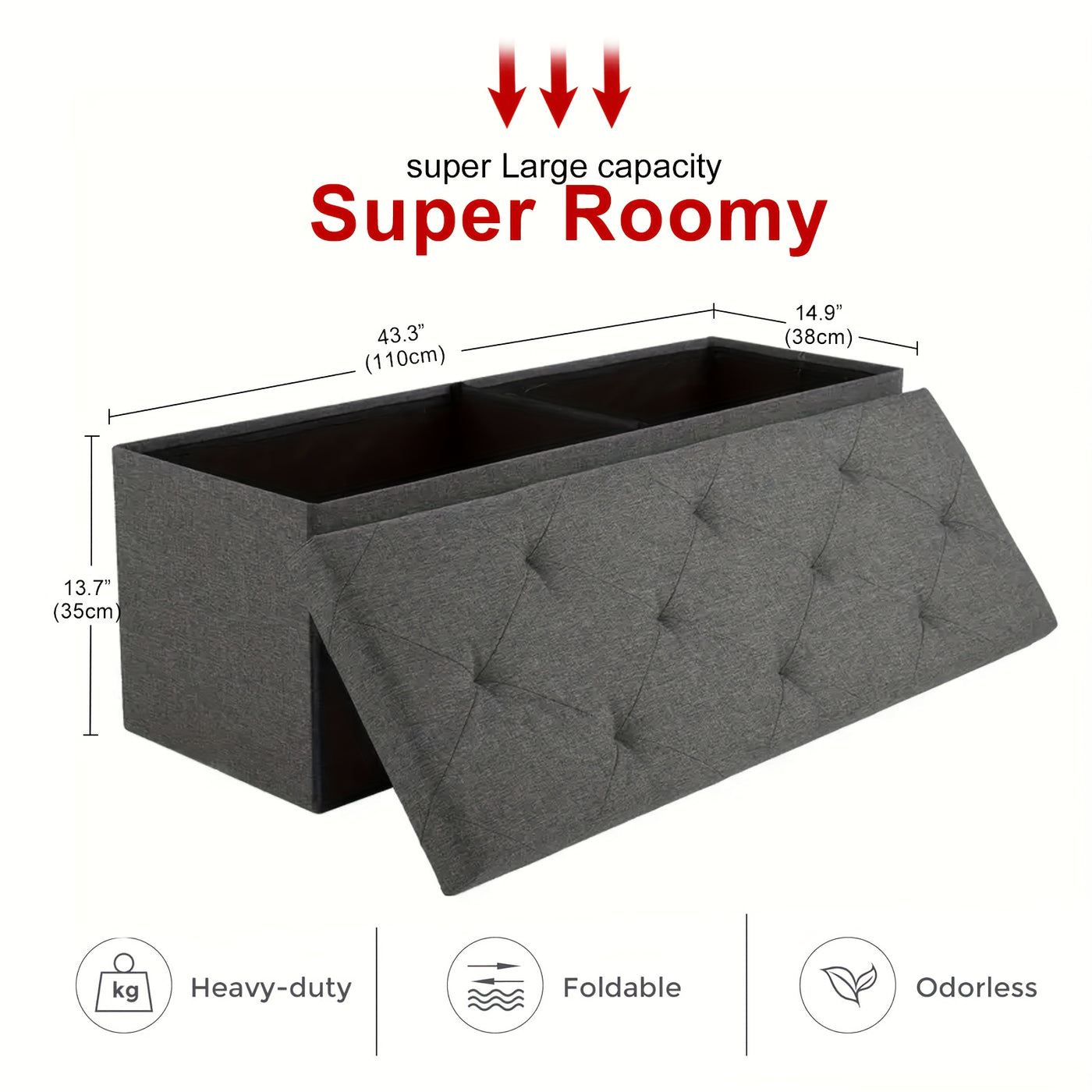 Storage Ottoman Bench Foldable with Padded Seat – End of Bed Bench & Storage Chest for Bedroom & Living Room, 2 Sizes, Grey