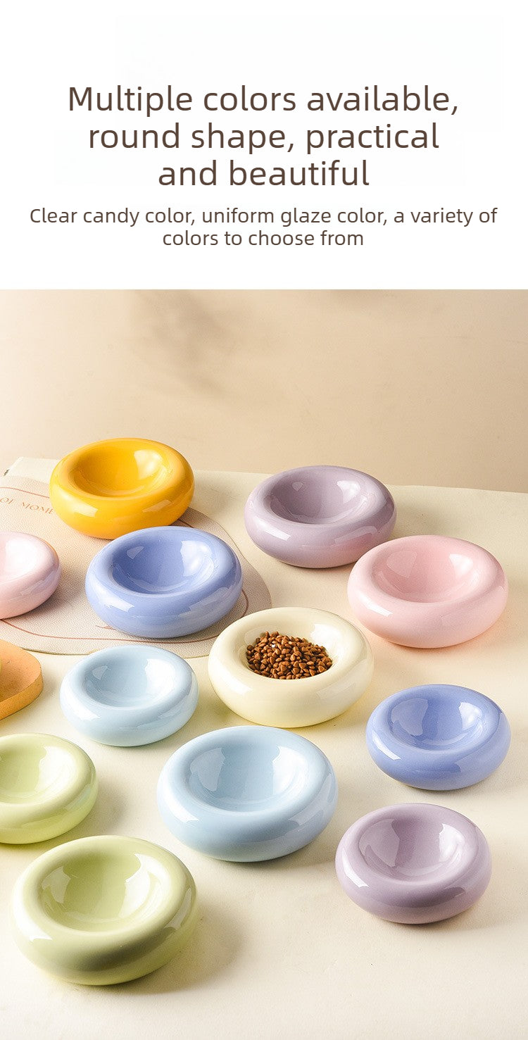 Donut Shaped Ceramic Cat Bowl Wide Opening – Anti-Tip Minimalist Pet Food & Water Dish with Stable Base, 4.92 Inch, 8 Colors