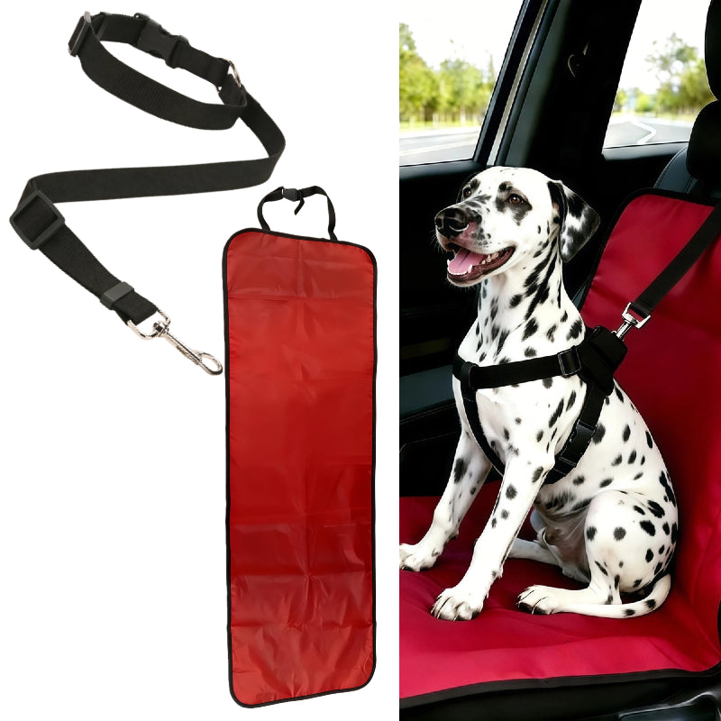 Dog Car Seatbelt Tether & Anti-Scratch Mat Set 2PCS – Adjustable Pet Travel Restraint with Seat Cover for SUVs & Sedans, All Vehicle Models