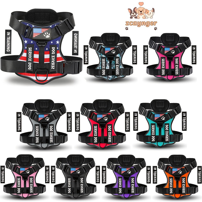 Reflective Dog Harness Set with 5 Interchangeable Patches - Adjustable Oxford Vest, Mesh Inner Layer, Front & Back Clip, Anti-Pull, XS to XL, 10 Color Options