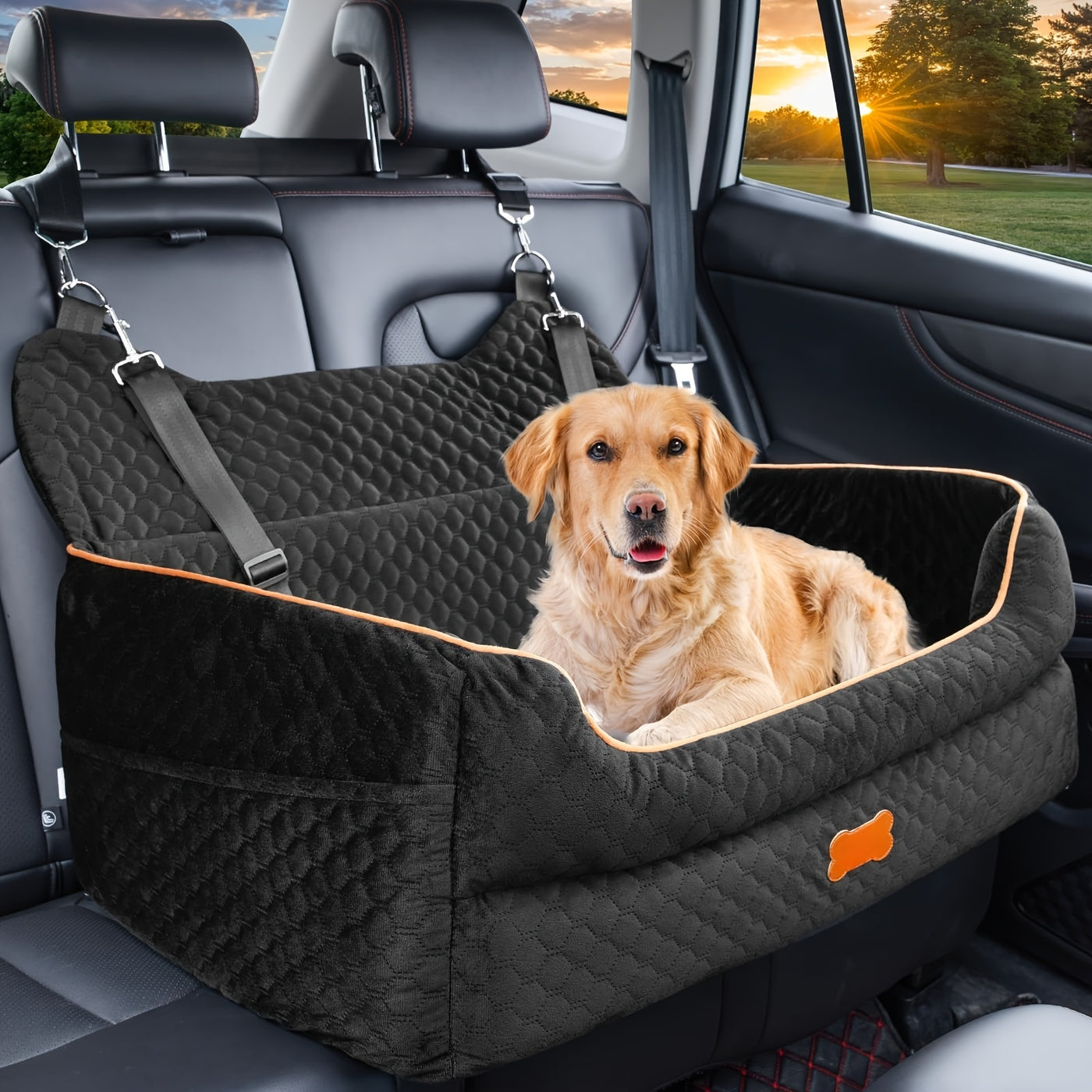 Dog Car Booster Seat for Medium Large Dogs – Washable Pet Car Seat with Thick Cushion, Safety Leash & Removable Cover for Back Seat Travel