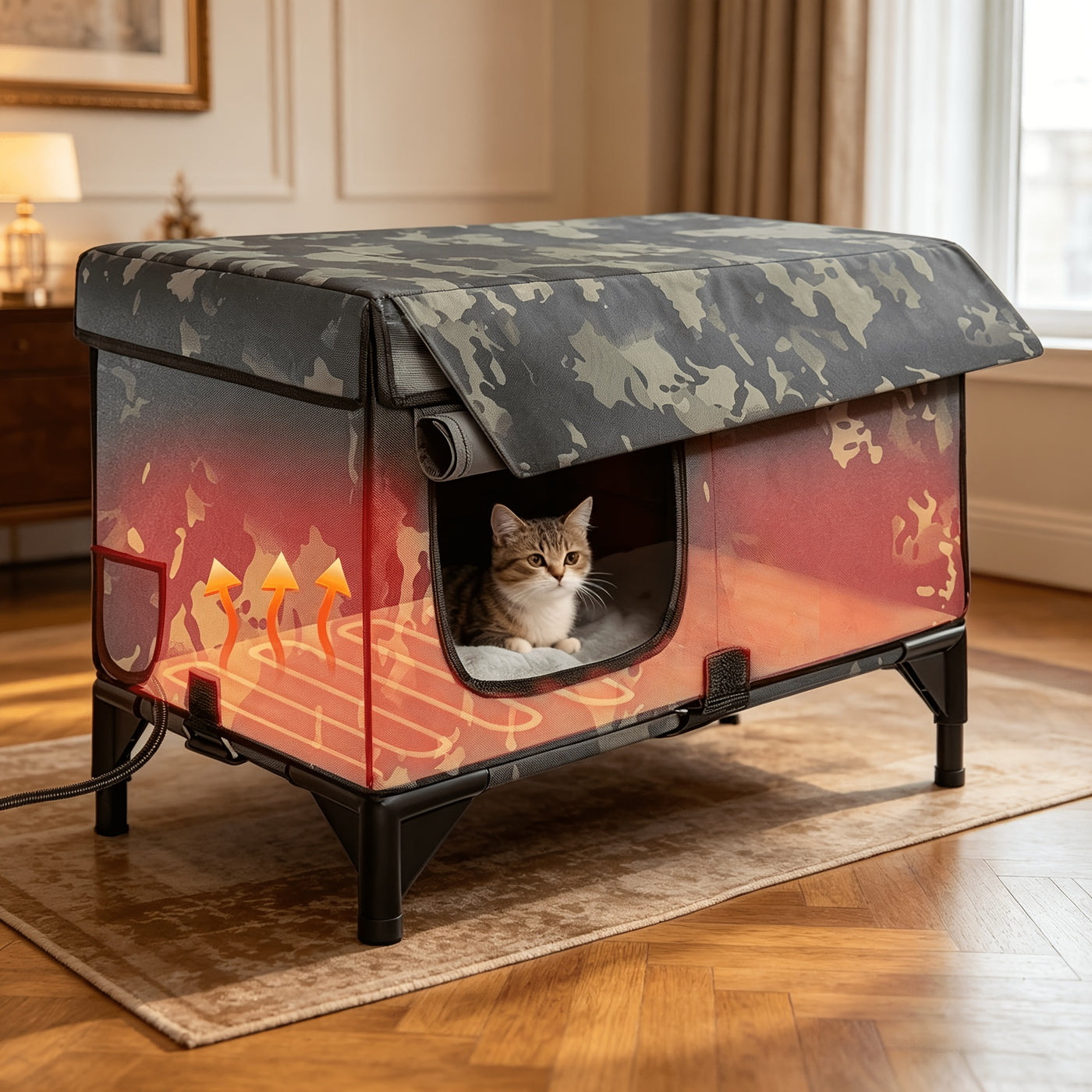 Heated Cat House Outdoor Indoor 3-in-1 with Removable Warming Pad - Elevated Cat Shelter, Chew-Resistant Cord, All-Season Cat Cave for Cats Kittens Small Dogs, Small & Large Sizes