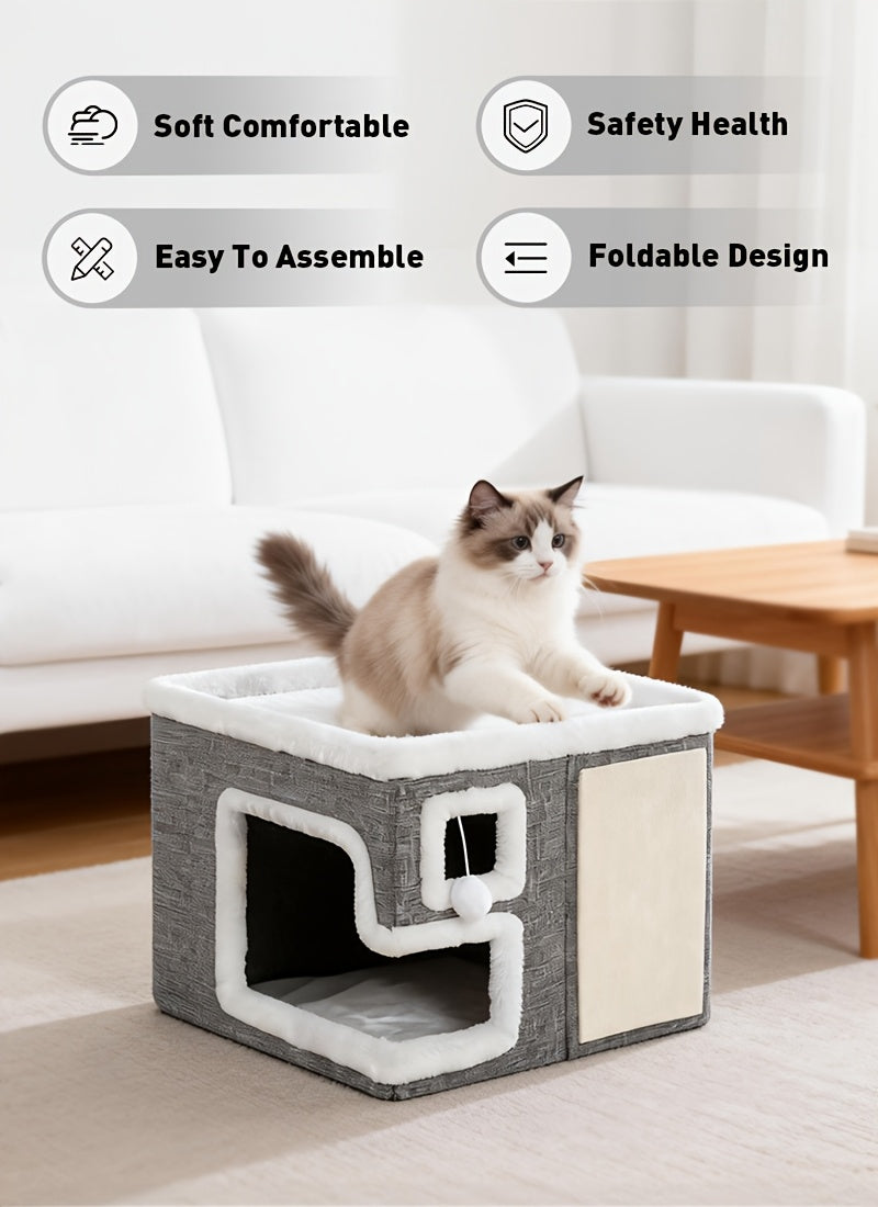 Indoor Cat House Condo 3-in-1 – Cat Bed Sleep Play & Scratch Box, Luxury Wooden Cube Ottoman Cat Cave Hideaway for Large Cats, Multi-Cat Friendly, Light Gray (Regular & Large)