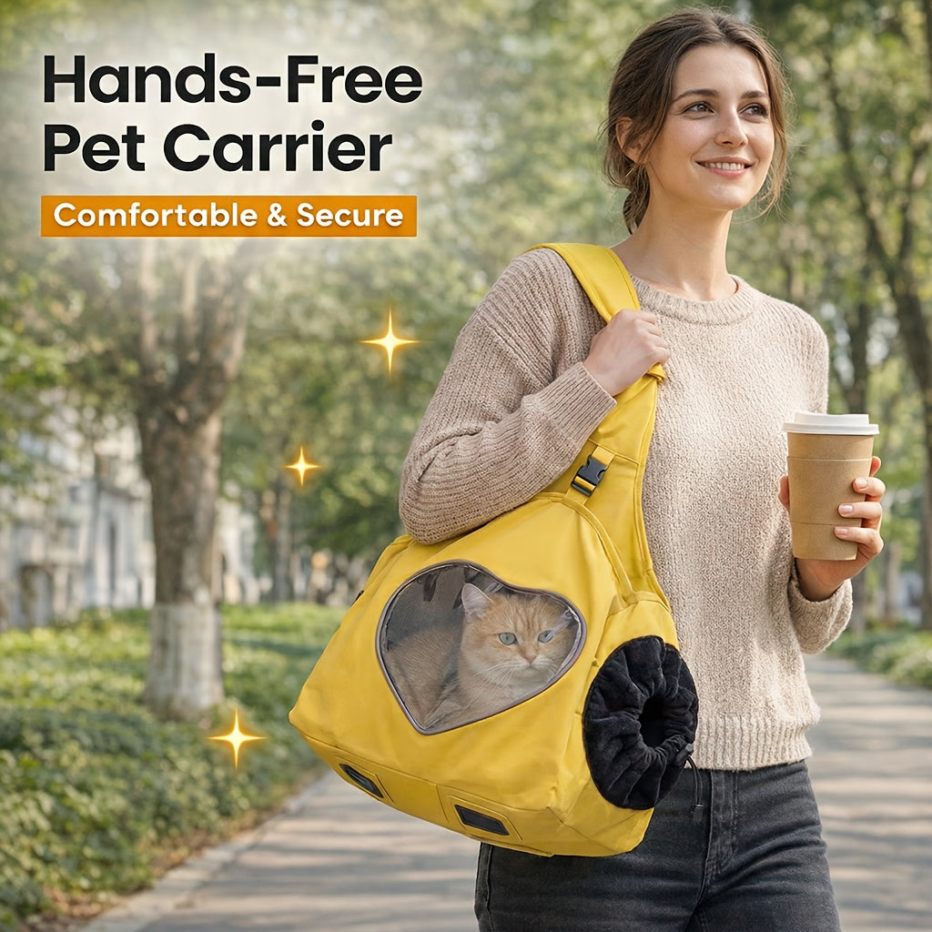 Crossbody Pet Carrier Bag with Heart Mesh Window – Hands-Free Dog & Cat Backpack with Waist Strap & Adjustable Shoulder Strap, Up to 15 Lbs | Bright Yellow