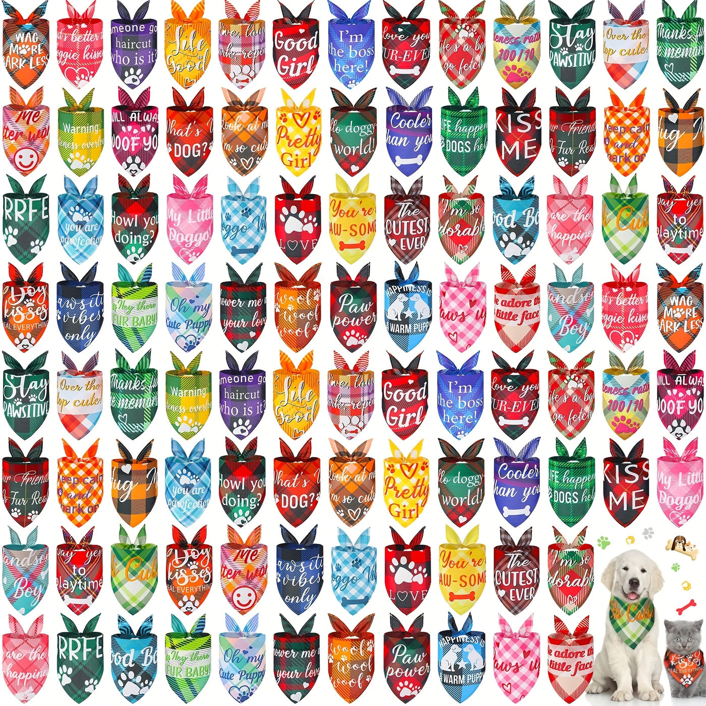 Dog Bandanas Bulk 100 Pack – Plaid & Paw Print Triangle Scarf Kerchief with Captions, Adjustable Washable Pet Bandana for Small to Medium Dogs & Cats, Grooming Accessory Gift