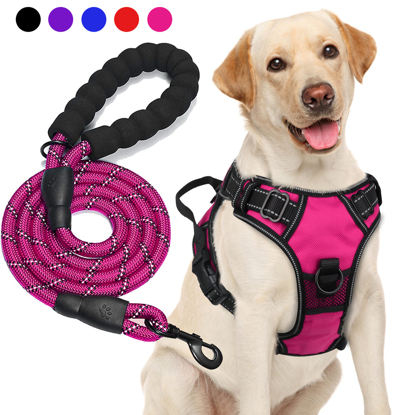 No-Pull Dog Harness & Free 5-Foot Leash Set - Adjustable Reflective Oxford Vest with Foam Handle, Easy Control for Medium Large Dogs S-XL, Black Purple Blue Red Rose Red