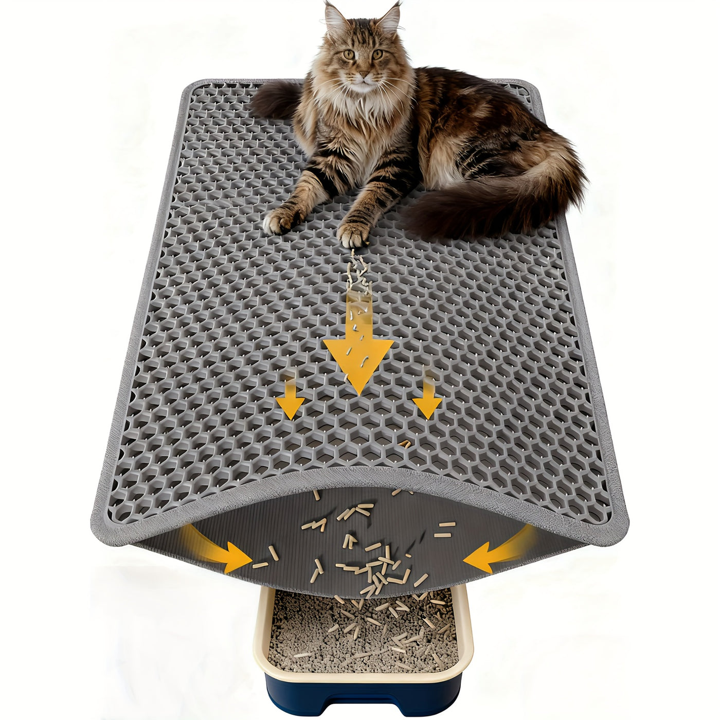 Extra Large Cat Litter Mat 27.6x47.2 Inch Honeycomb Double Layer Anti-Tracking EVA Non-Slip Easy Clean for Multi-Cat Households Large Litter Boxes