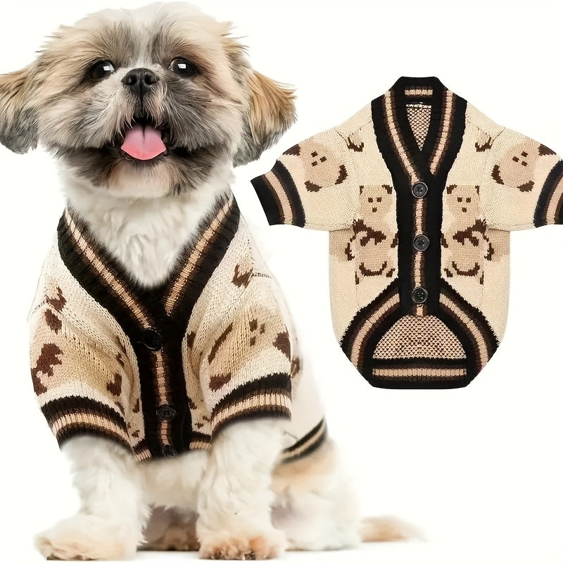 Dog Cardigan Sweater Bear Print with Button Closure – Warm Knitted Fleece-Lined Puppy Shirt, Adjustable Collar, Elastic & Embroidered, Small Breeds Bichon Teddy Schnauzer, Spring Summer