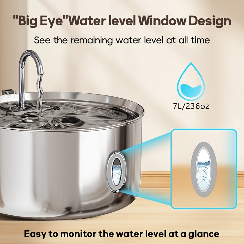 Stainless Steel Pet Water Fountain 236oz/7L - Automatic Cat Dog Water Dispenser, USB Powered, Replacement Filters Included, Water Level Window, for Cats Dogs Multiple Pets