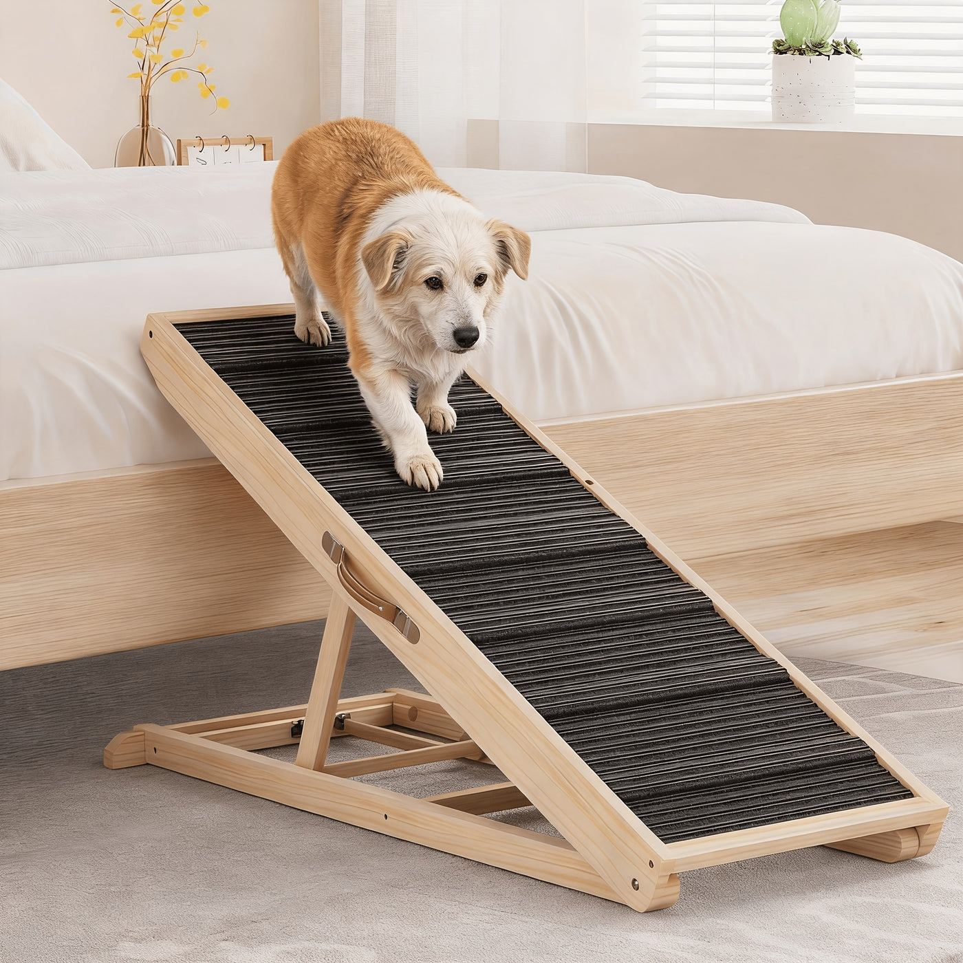 Wooden Dog Ramp for Bed & Couch – Foldable Adjustable Height Pet Ramp with Safety Guards, Holds 250 lbs, Dog Steps for Small Large Dogs & Seniors, Indoor Outdoor, 44 or 55 Inch
