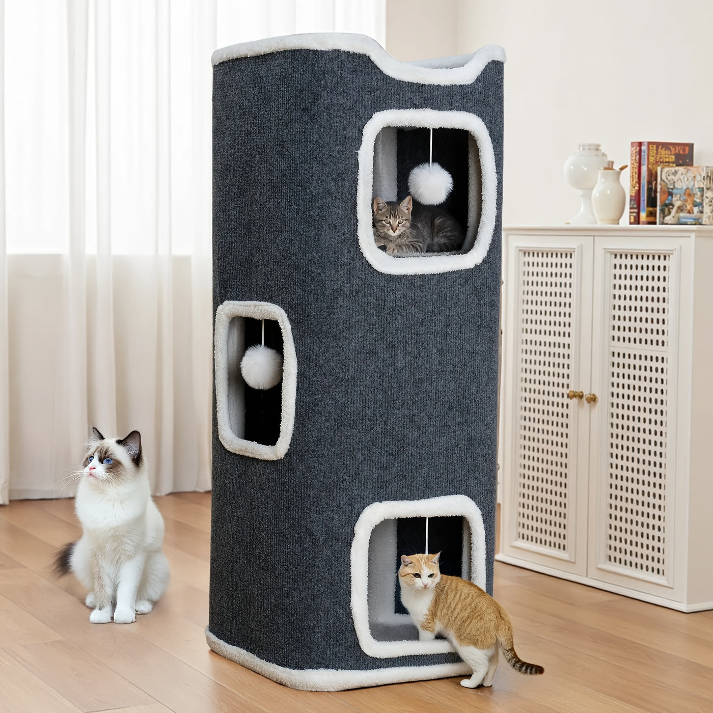 Multi-Level Foldable Cat Tree Tower for Indoor Cats – Cat Condo with Hanging Toy Balls, Cozy Top Bed & Scratch-Resistant Felt, 1/3/4 Tier