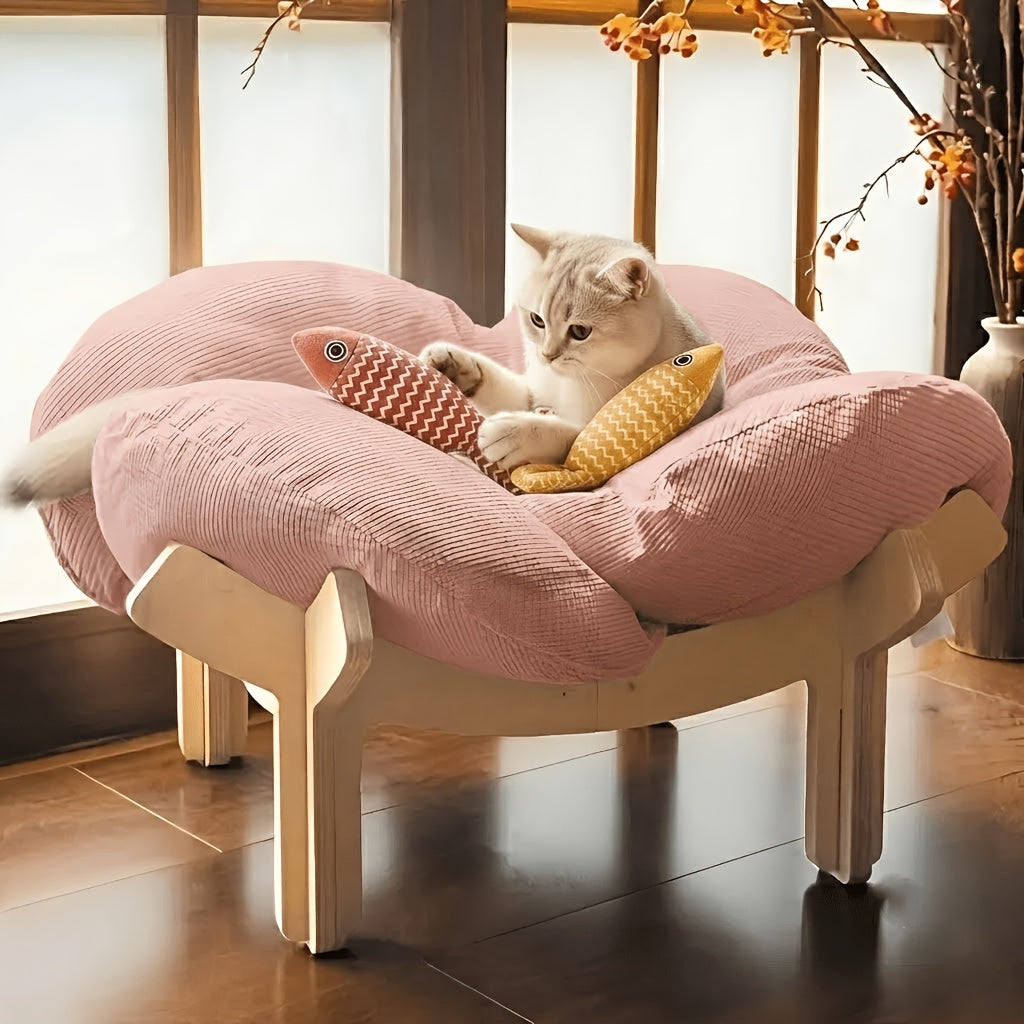 Elevated Wooden Cat Bed with Soft Cushion Raised Pet Lounge Chair Sofa – Modern Solid Wood Cat Hammock for Indoor Cats and Small Dogs with Linen Fish Toy