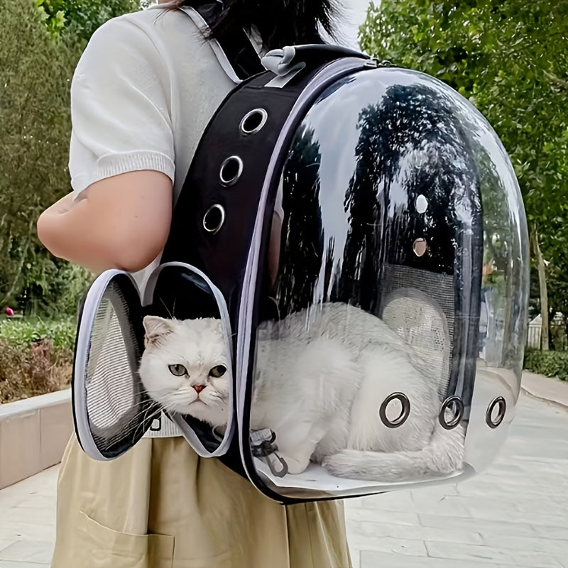 Space Capsule Cat Backpack Hard-Sided Carrier – Double Shoulder Strap Portable Pet Travel Bag with Zipper for Cats & Small Dogs, Black & Transparent