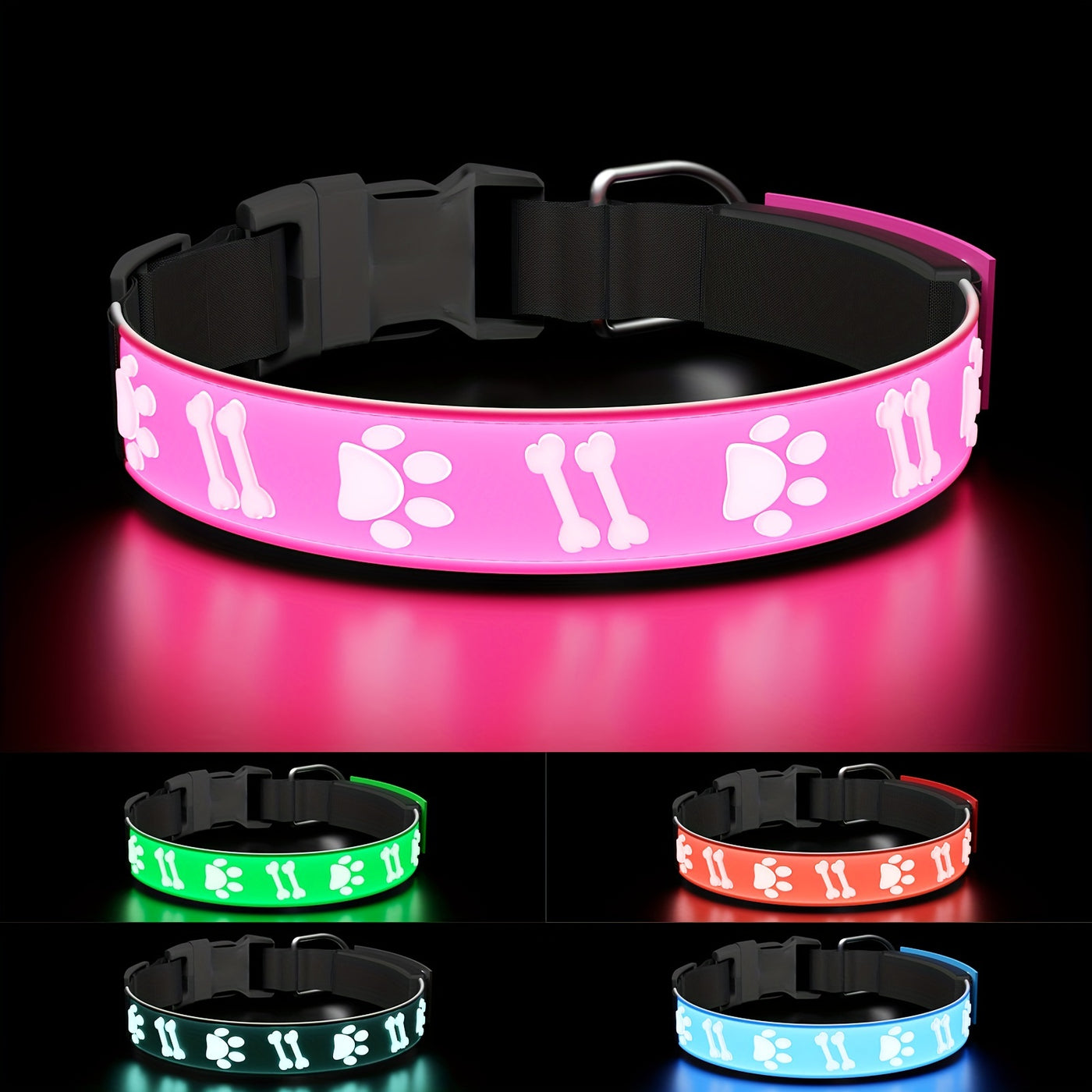LED Dog Collar USB Rechargeable with 15 Light Modes – Adjustable Glow Safety Collar for Nighttime Walks, Soft 3D Flash Pet Collar for All Dog Sizes, Green Blue Pink Red Black