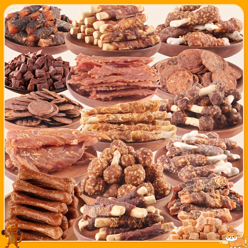 Dog Treats Gift Set – Chicken Liver, Duck Jerky, Egg Yolk & Sausage Combo Packs, High Protein Low Fat Dental Health Training Rewards for Medium & Large Dogs