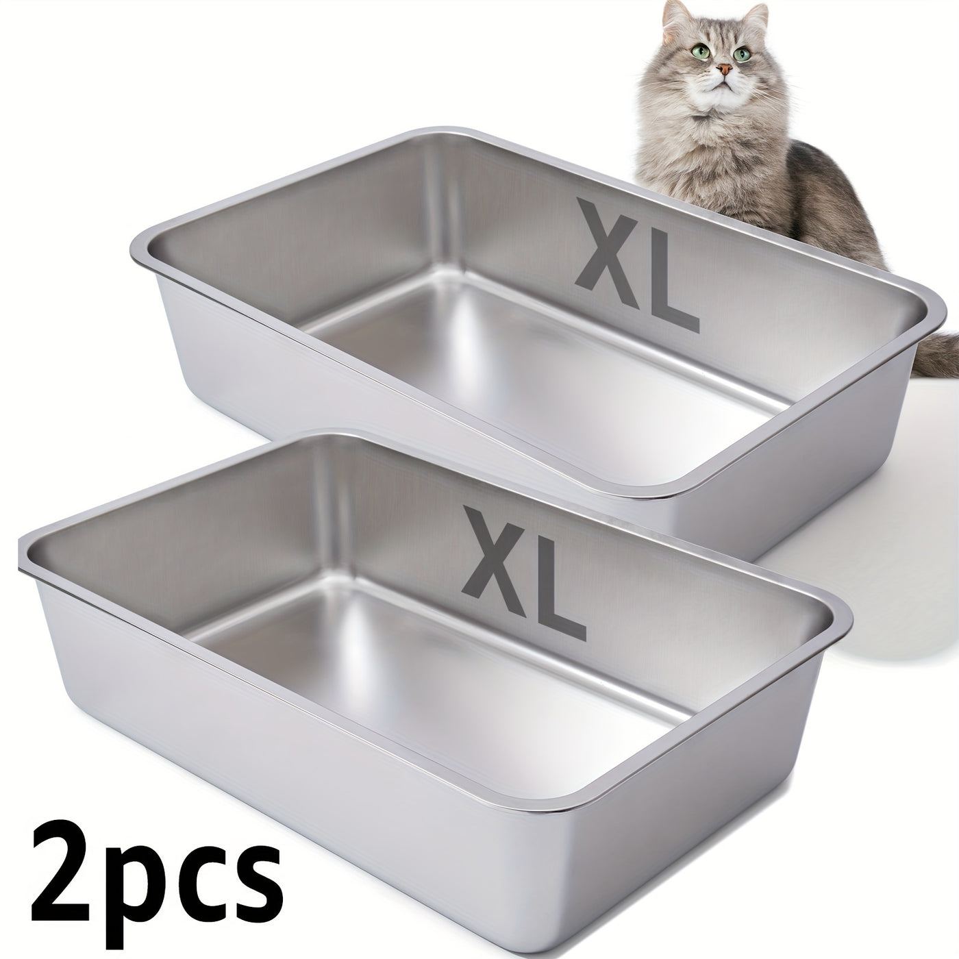 Stainless Steel Cat Litter Box 2 Pack M XL XXL Non-Stick Odor-Free Metal Litter Box for Medium and Large Cats Easy to Clean