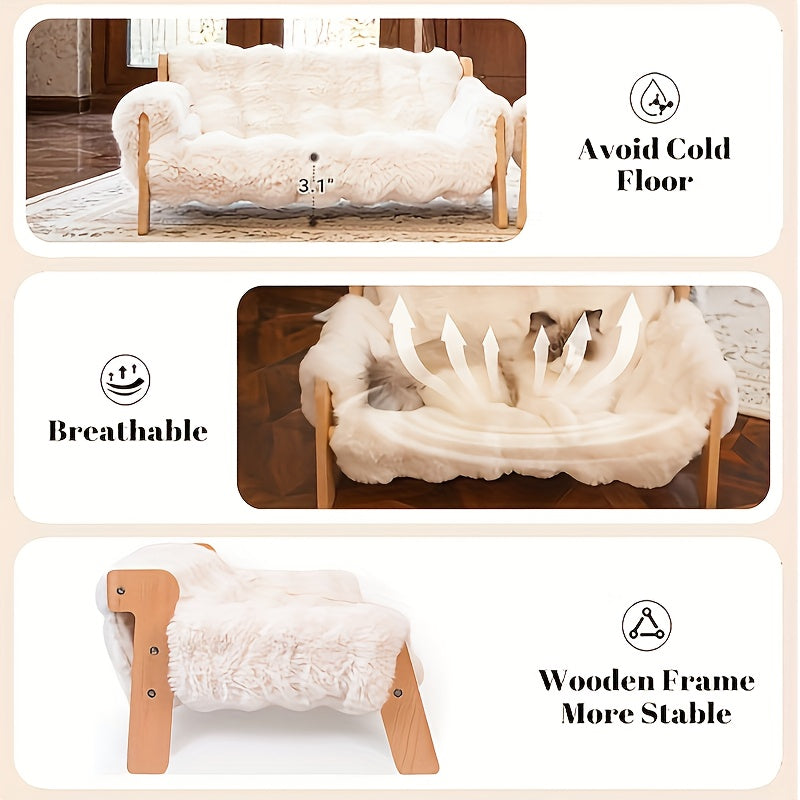 Elevated Pet Sofa Bed - Solid Wood Lounge Chair for Cats & Dogs, Modern Pet Furniture, Replaceable Mattress, Bamboo Mat & Fleece Options, White & Grey