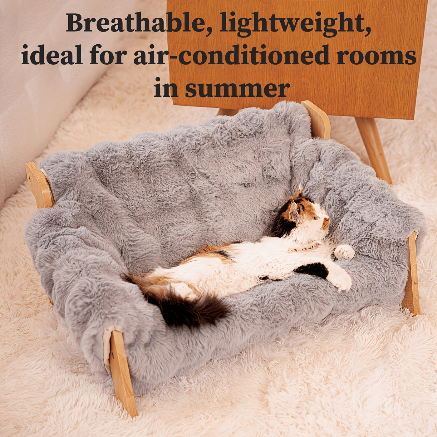 Elevated Pet Sofa Bed - Solid Wood Lounge Chair for Cats & Dogs, Modern Pet Furniture, Replaceable Mattress, Bamboo Mat & Fleece Options, White & Grey