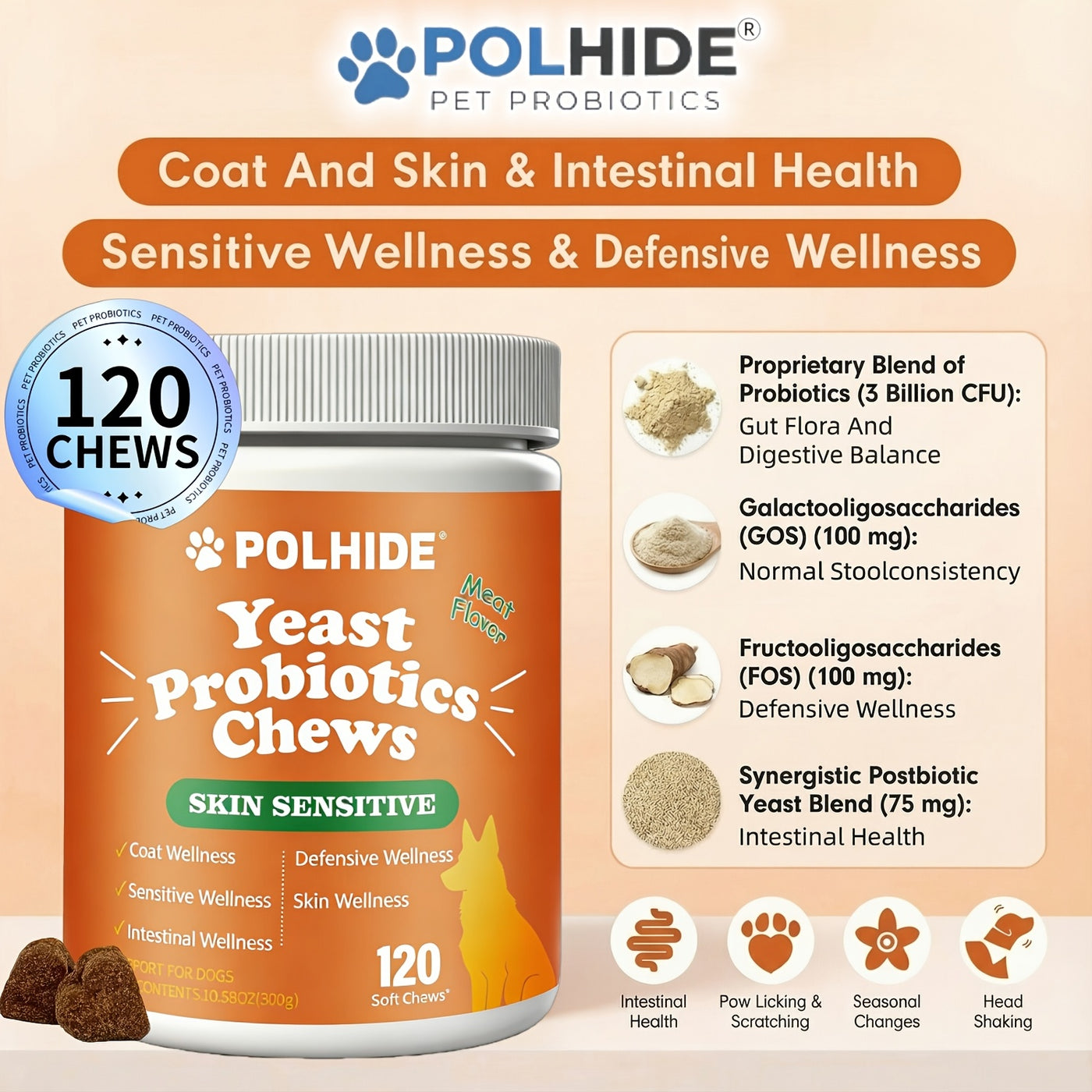 Yeast Probiotic Chews for Dogs – 90-Day Supply, 120 Meat Flavor Soft Chews, Supports Coat & Gut Health, Sensitive Skin & Defensive Wellness, All Ages