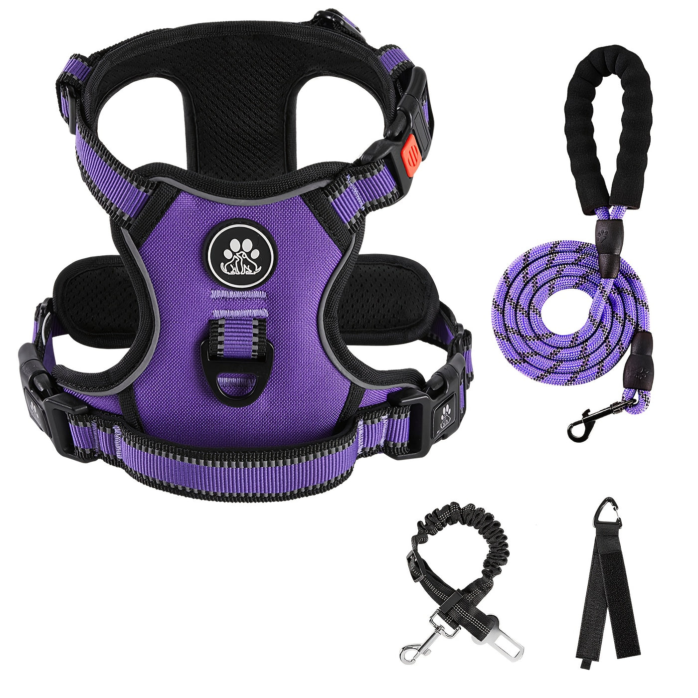 Complete Dog Walking Set – No-Pull Harness + Collar + Leash + Retractable Seatbelt + Storage Strap, Fully Reflective Breathable Vest with Handle for Small & Large Dogs, Sizes XS-XL