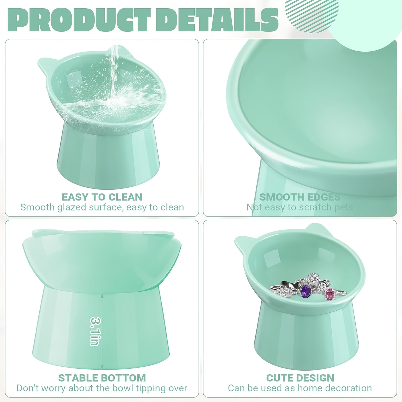 Raised Cat Bowls Set of 3 Cat Ear Shaped – Tri-Color Elevated Anti-Slip Feeder Dish for Multi-Cat Households, Neck Comfort Design (Pink/Green/Blue)