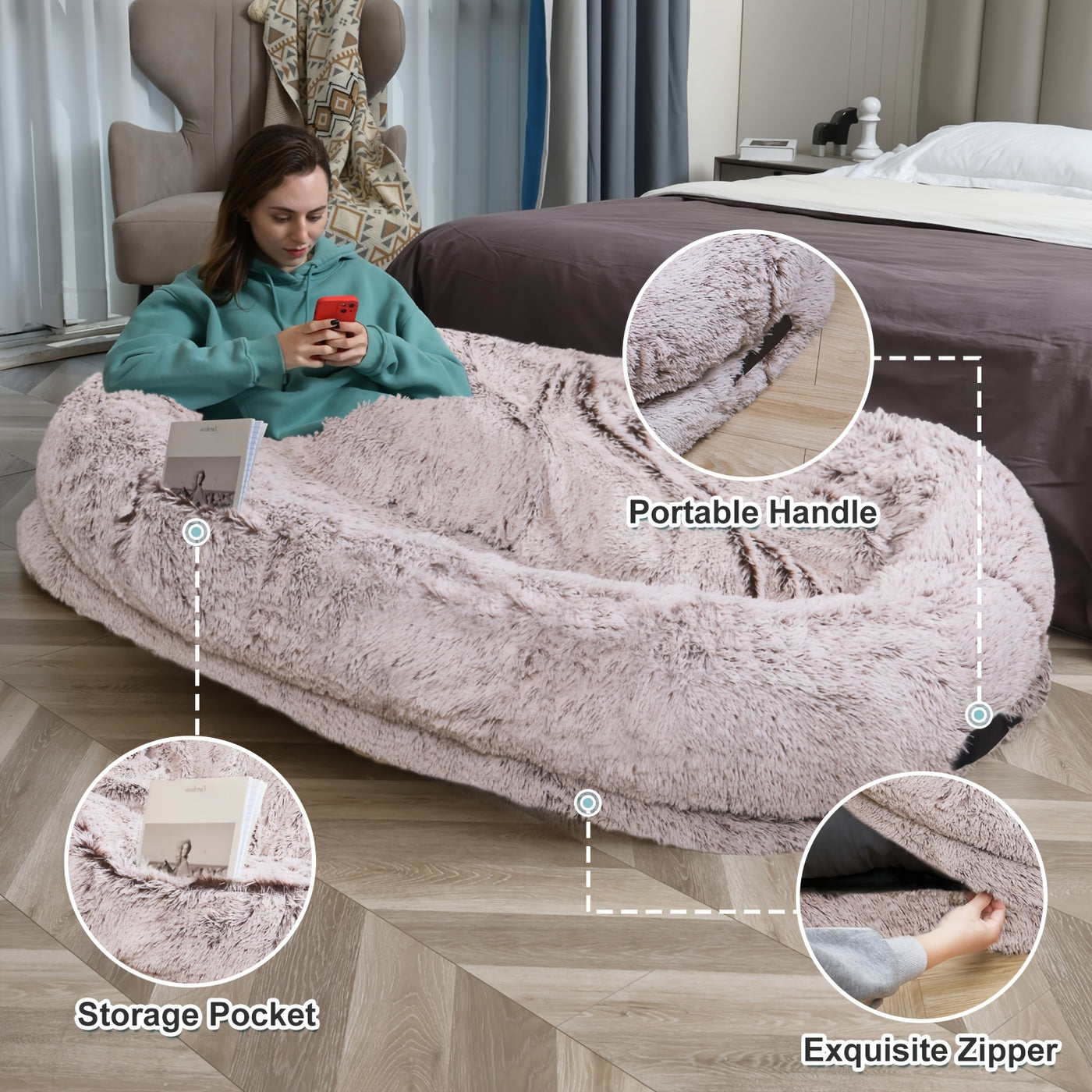 Human Dog Bed 70x44x11 Inch Giant Faux Fur Orthopedic Bed for People & Pets - Washable Non-Slip Extra Large Dog Bed for Adults, Napping, Lounging, All Breeds
