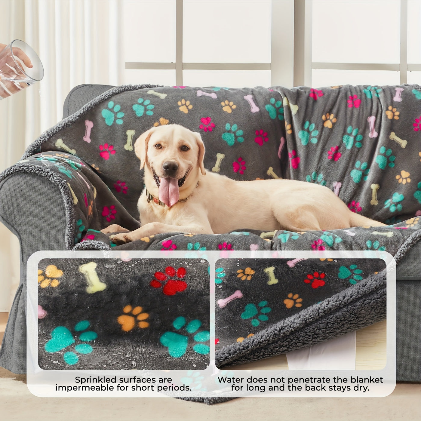Waterproof Dog Blanket for Couch Sofa Bed - Pee Proof Washable Soft Fluffy Pet Blanket Reversible Furniture Protector, Gray Bone & Paw Print Design for Dogs Cats Small Medium Large