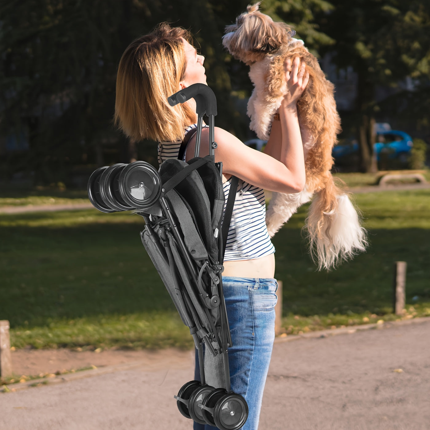 Travel Portable Pet Stroller Up to 33 Lbs – Foldable Dog & Cat Stroller for Small Puppies, Outdoor Walks & Trips | Black, Dark Green, Teal Blue, Light Pink