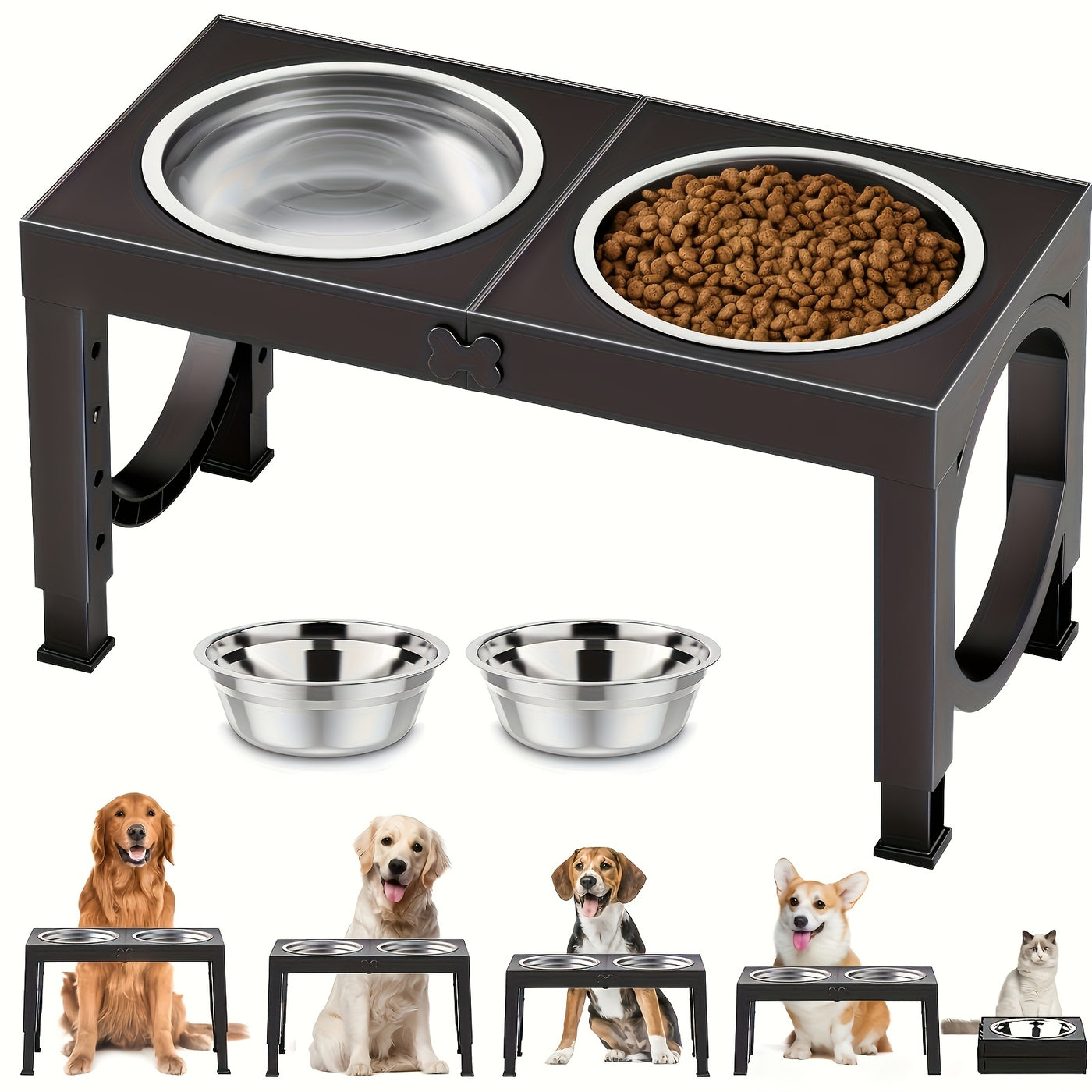 Elevated Dog Bowl Stand Foldable 5-Height Adjustable with 2 Stainless Steel Bowls - Raised Feeder for Small Medium Large Dogs & Cats Non-Slip