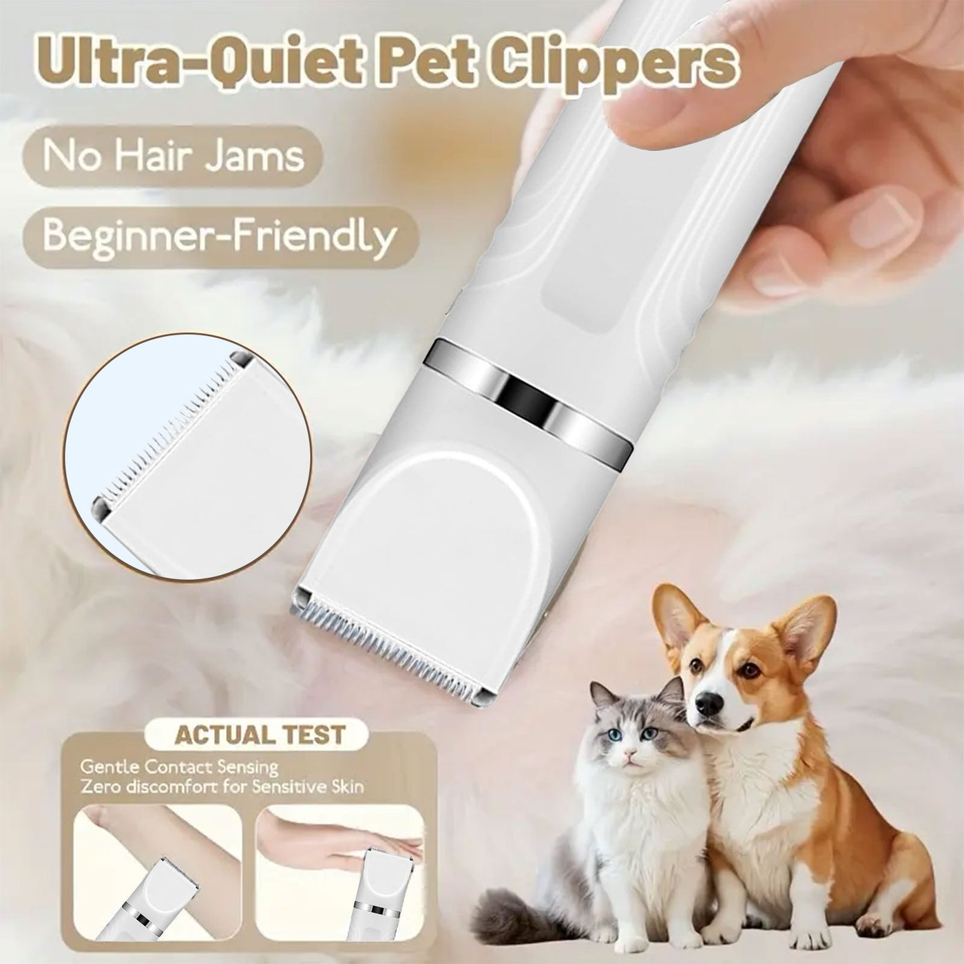 6-in-1 Pet Grooming Kit USB Rechargeable Cordless Clippers – 4 Interchangeable Blade Heads, Nail Clipper, Steel Comb & Scissors for Dogs Cats & Small Animals, White & Blue