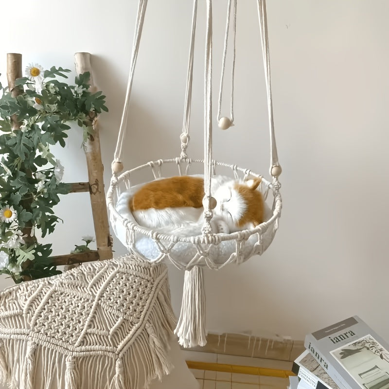 Extra Large Hand-Woven Rope Cat Hammock Swing Bed Indoor Cat Nest Basket for Two Cats - Super Load-Bearing Durable Hanging Cat Bed 15.75in & 11.81in Diameter