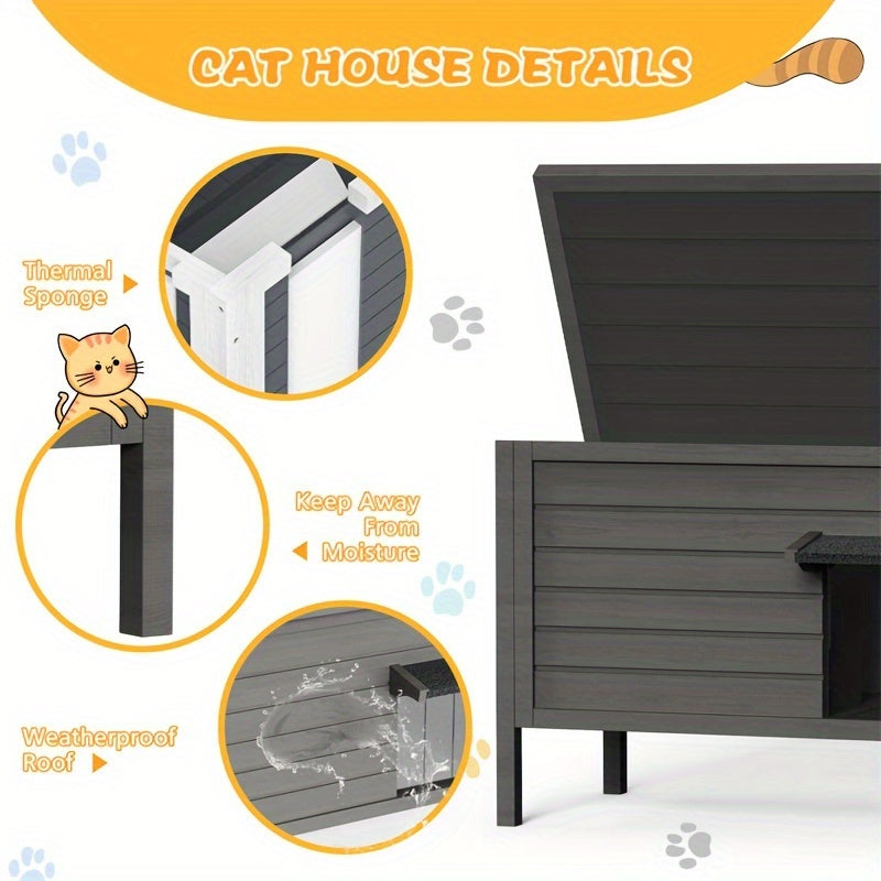 Outdoor Cat House Insulated Waterproof – 6-Side Foam Insulated Solid Wood Feral Cat Shelter with Feeding Station, Fits 2-3 Cats, 34.4"L×21.7"W×27.2"H