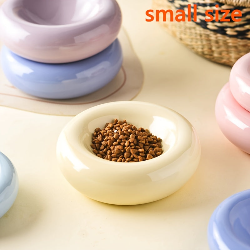 Donut Shaped Ceramic Cat Bowl Wide Opening – Anti-Tip Minimalist Pet Food & Water Dish with Stable Base, 4.92 Inch, 8 Colors