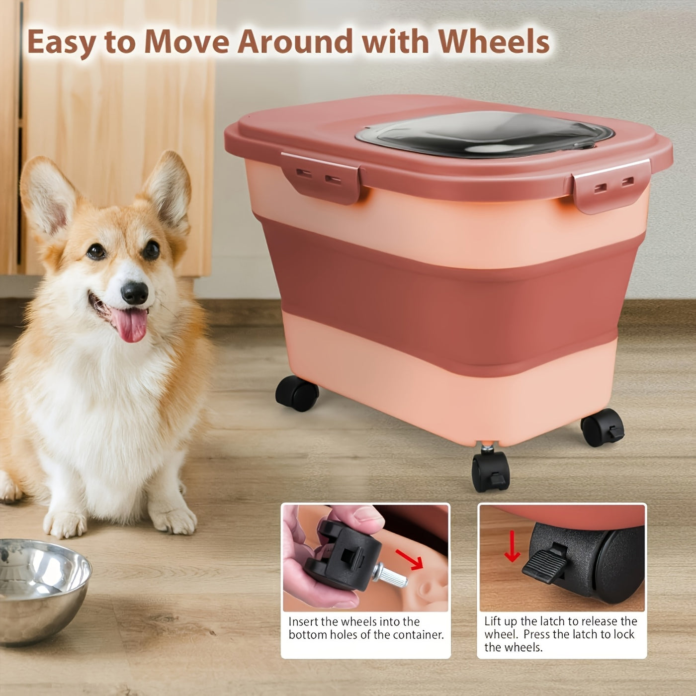 Foldable Pet Food Storage Container with Wheels – Airtight Moisture-Proof Bin for Dog & Cat Food, 5-30 LB Capacity, Upgraded Model