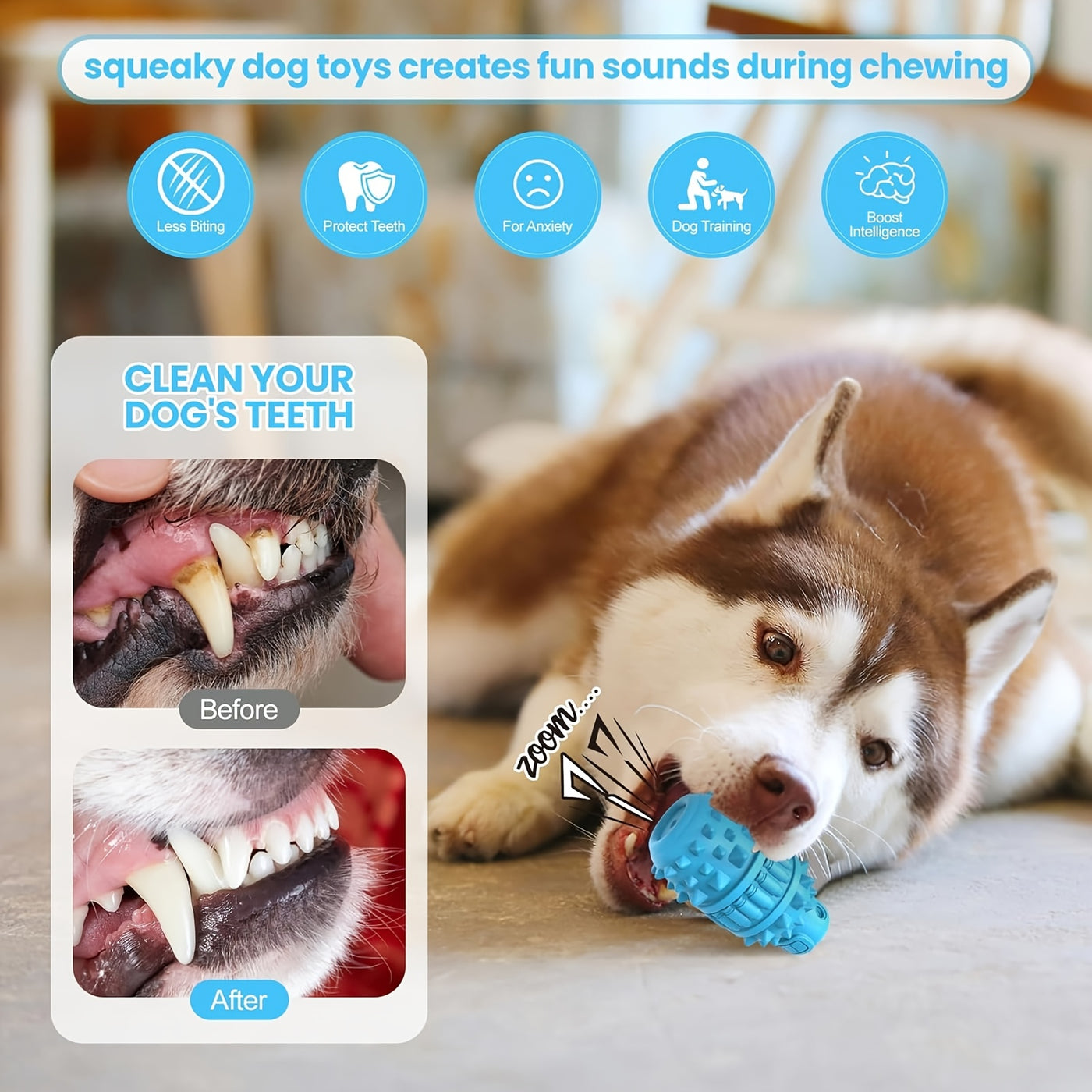 Squeaky Dog Chew Toy – Wolf Tooth Bottle Shape, Durable Interactive Chew Toy & Toothbrush for Aggressive Chewers, Cleans Teeth While They Play