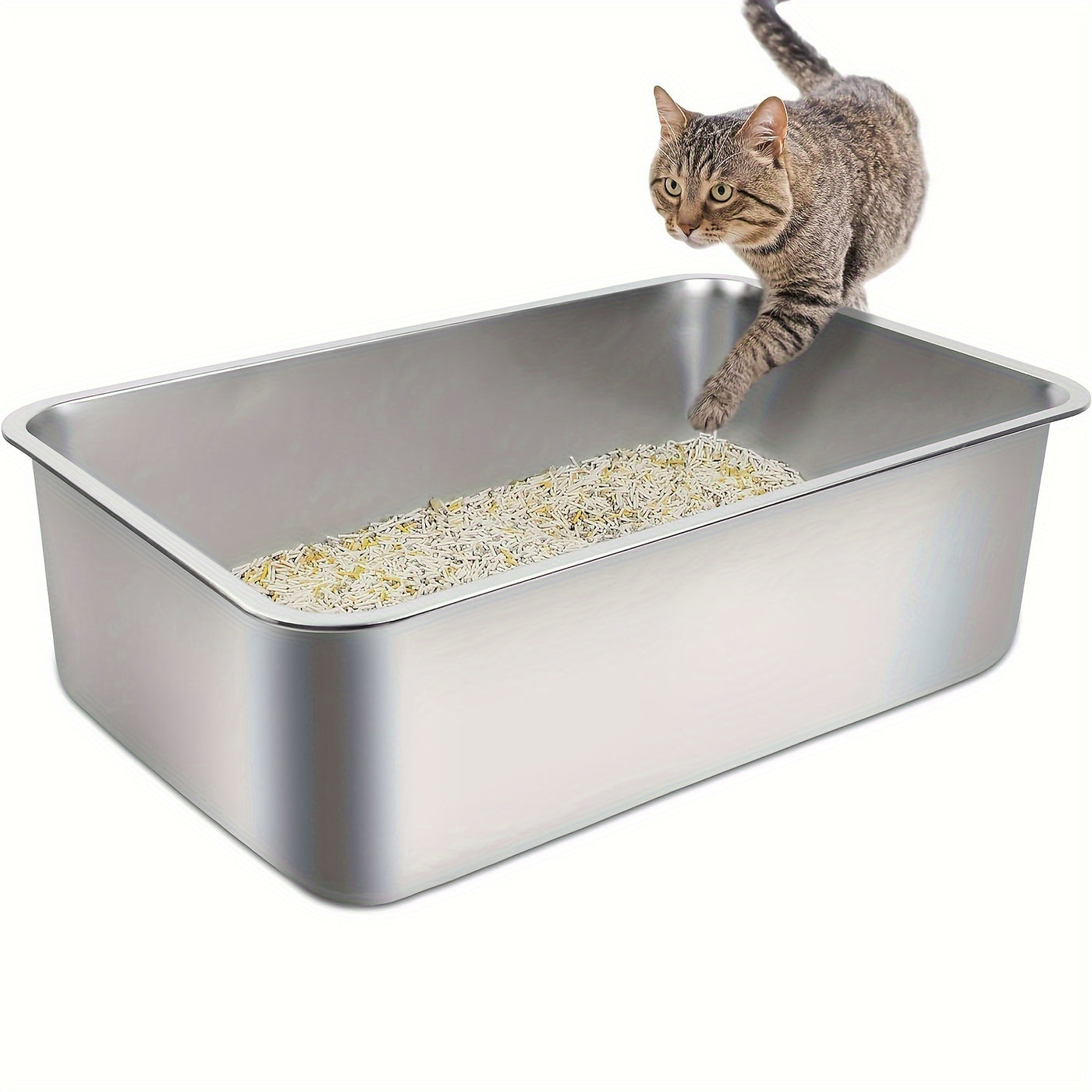 Stainless Steel Cat Litter Box 2 Pack Extra Large 6 Inch Deep High Sides XL Metal Litter Box for Big Cats Easy to Clean Corner Fit