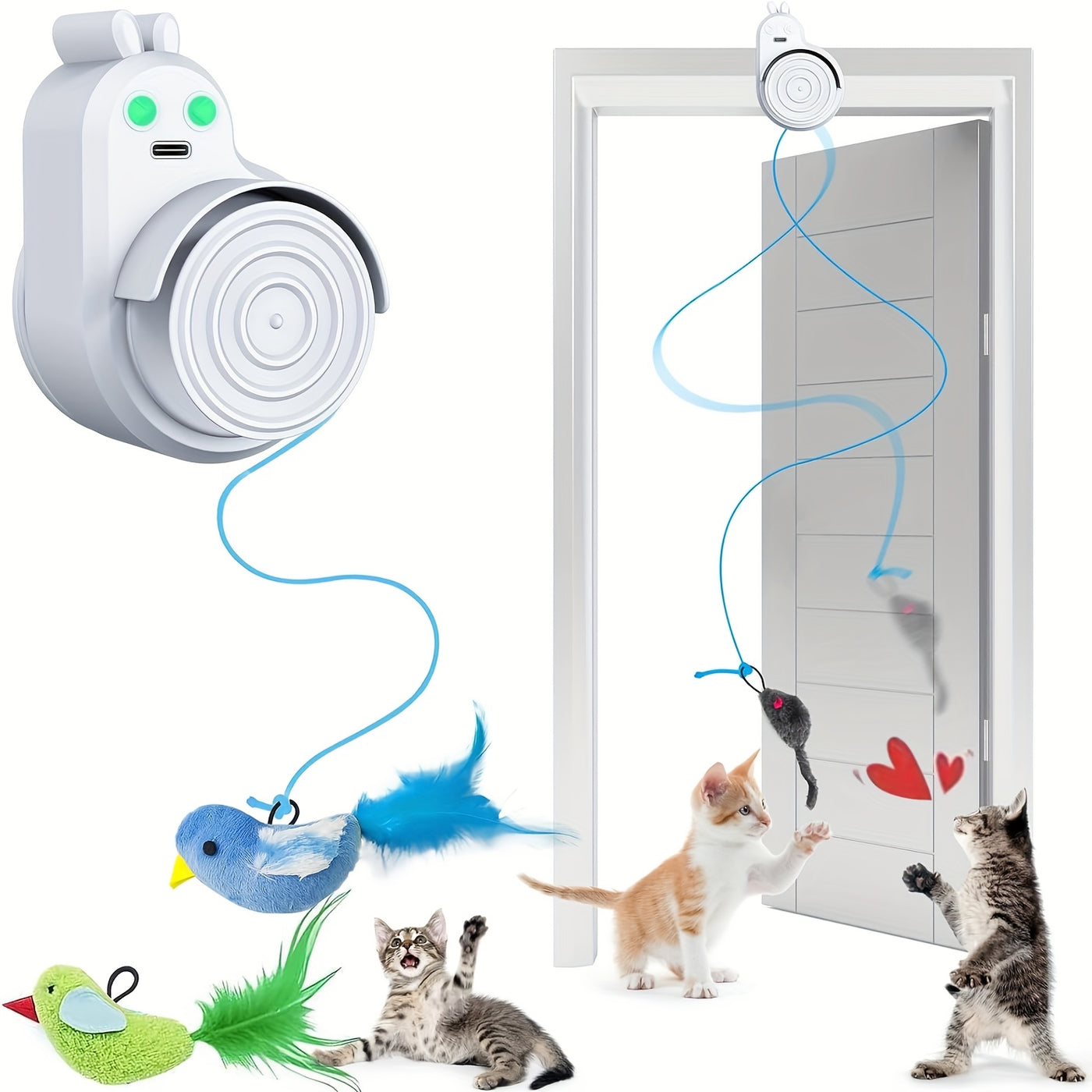 Automatic Electric Flying Bird Feather Cat Toy – Stick-On Hanging Interactive Toy for Indoor Cats & Kittens, Electric Kitty Enrichment Toy for Bored Cats, Grey Blue White