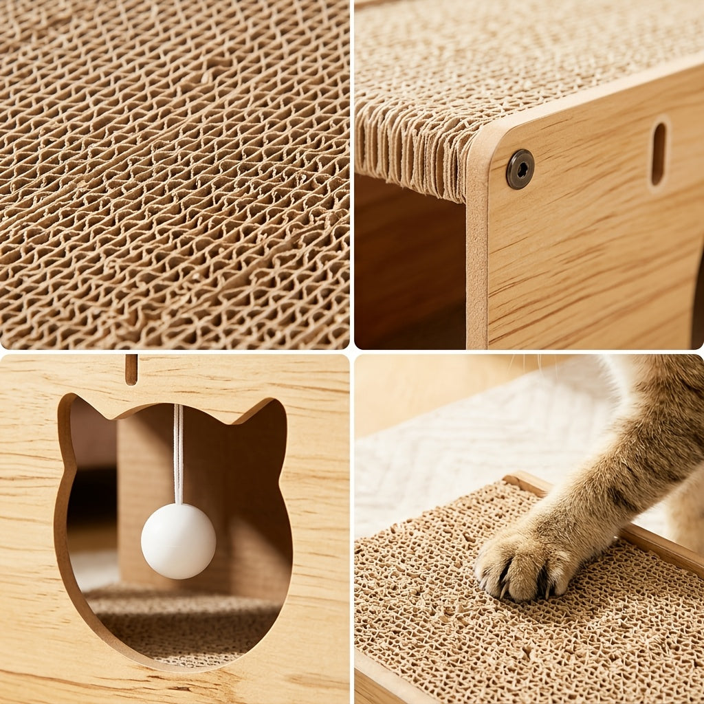 Cat Scratcher Tunnel Bed with Wood Frame Extra Large Donut Cat Tunnel with Scratching Board & Plush Balls - Anti-Scratch Toy for Medium & Large Cats, Cardboard Cat House