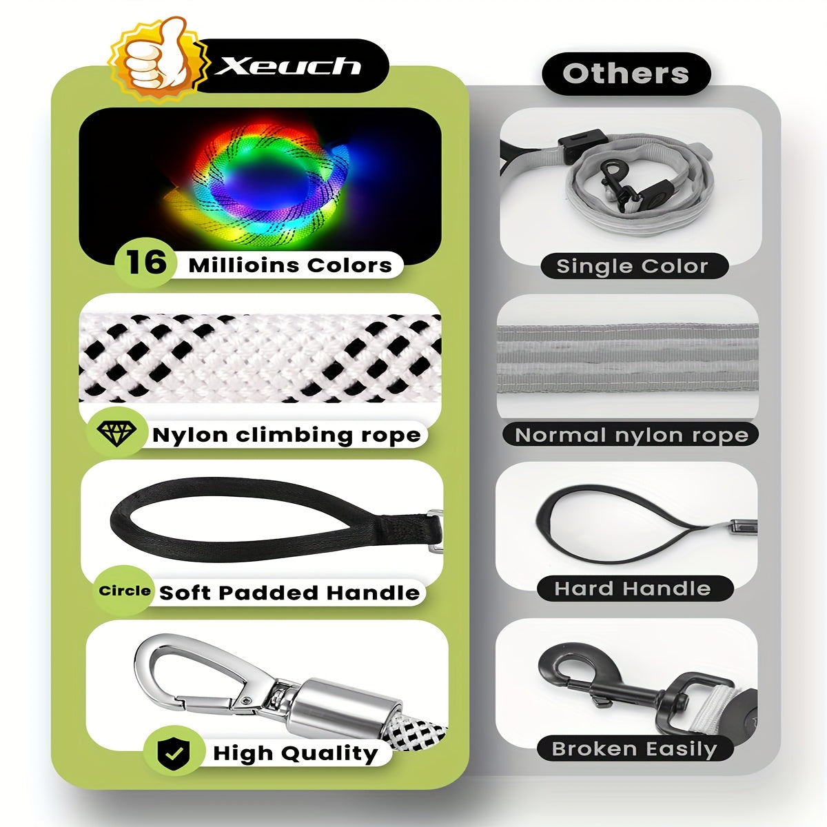 LED Light Up Dog Leash 4Ft Rechargeable with 13 Lighting Modes & Tangle-Free Hook for Night Walking - Glow in the Dark Safety Leash for Small Medium Large Dogs