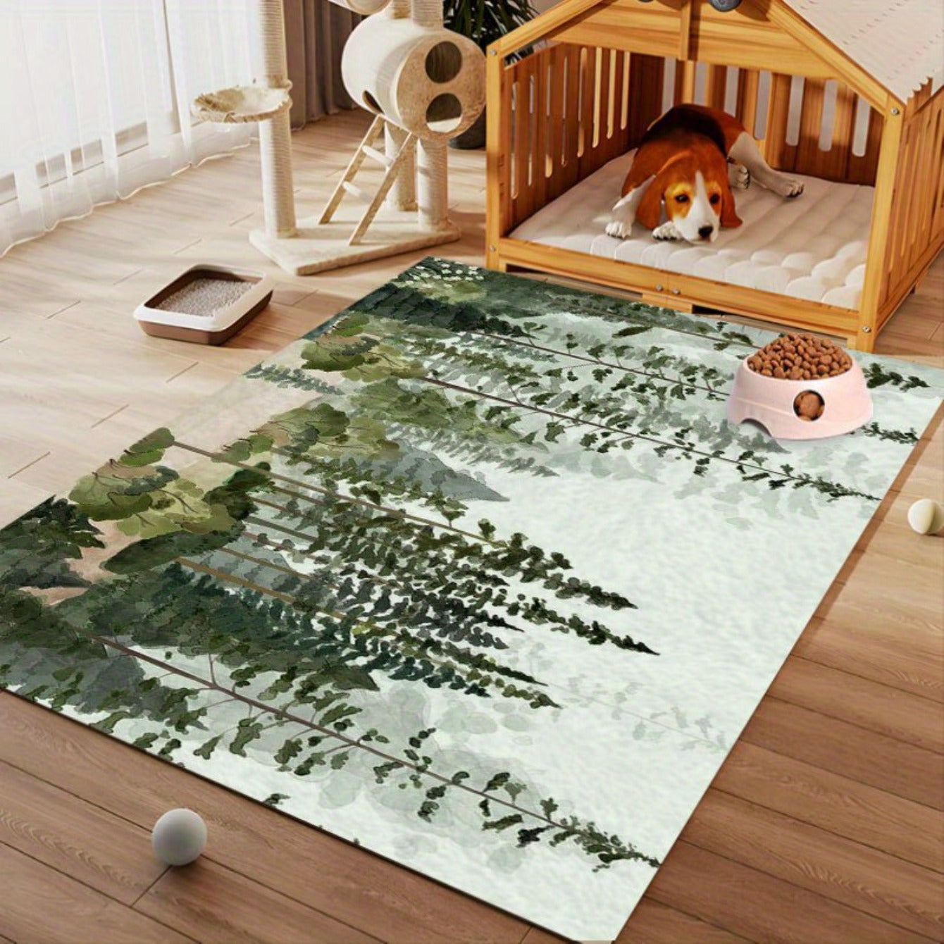 Pet Feeding Mat Non-Slip Washable Forest Watercolor Green Trees Design Dog Cat Mat 16x12 Inch – Spill-Resistant Placemat for Pet Bowls Kennel and Litter Box