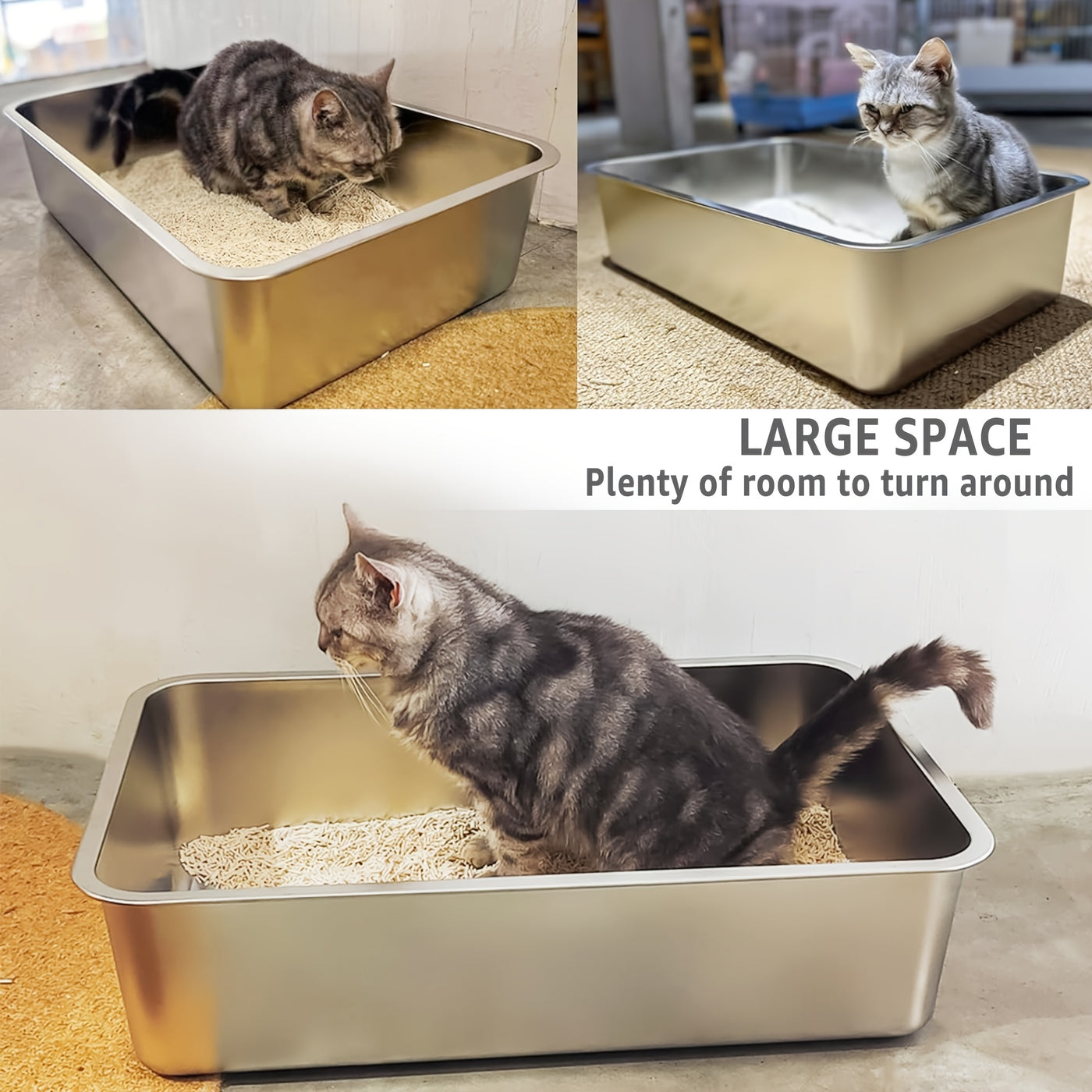 Stainless Steel Cat Litter Box 2 Pack Extra Large 6 Inch Deep High Sides XL Metal Litter Box for Big Cats Easy to Clean Corner Fit